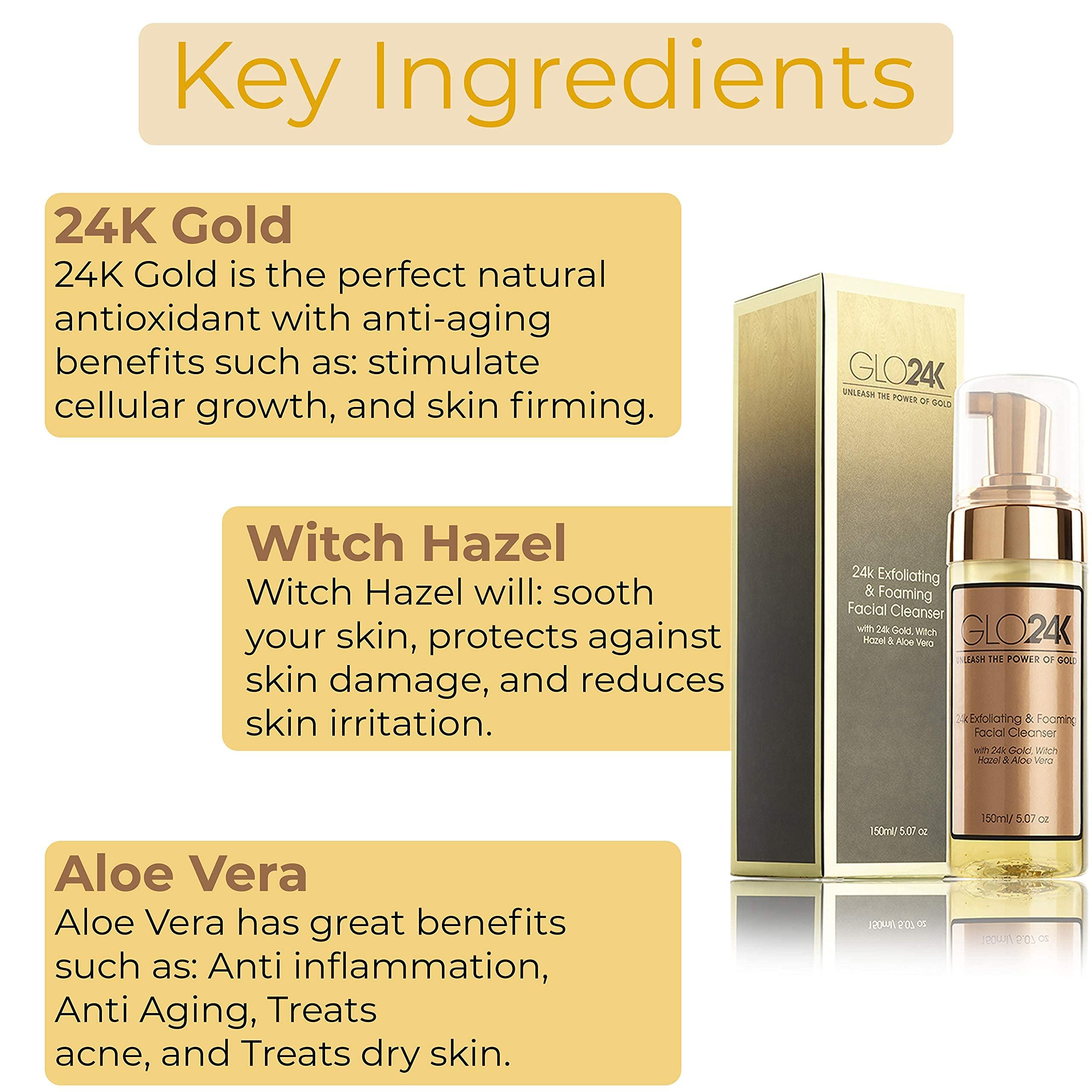 GLO24K UNLEASH THE POWER OF GOLD GLO24K Exfoliating & Foaming Facial Cleanser with 24k Gold, Witch Hazel, and Aloe Vera