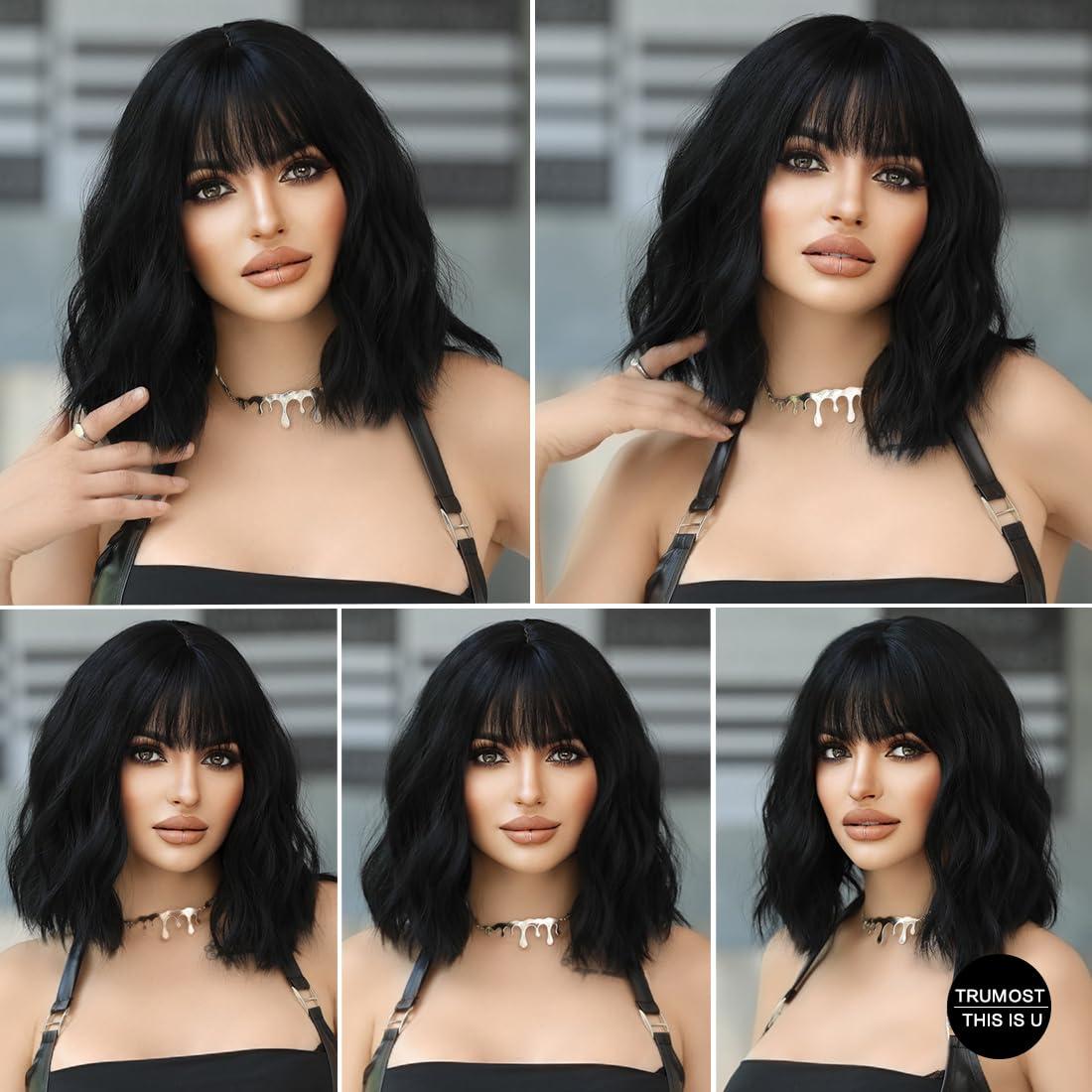 TRUMOST TRUMOST Black Short Wave Wigs with Bangs - Synthetic Realistic Shoulder Length Wavy Wig, Heat Resistant Natural Wig for Women Girls Daily Party Cosplay Use 12 in