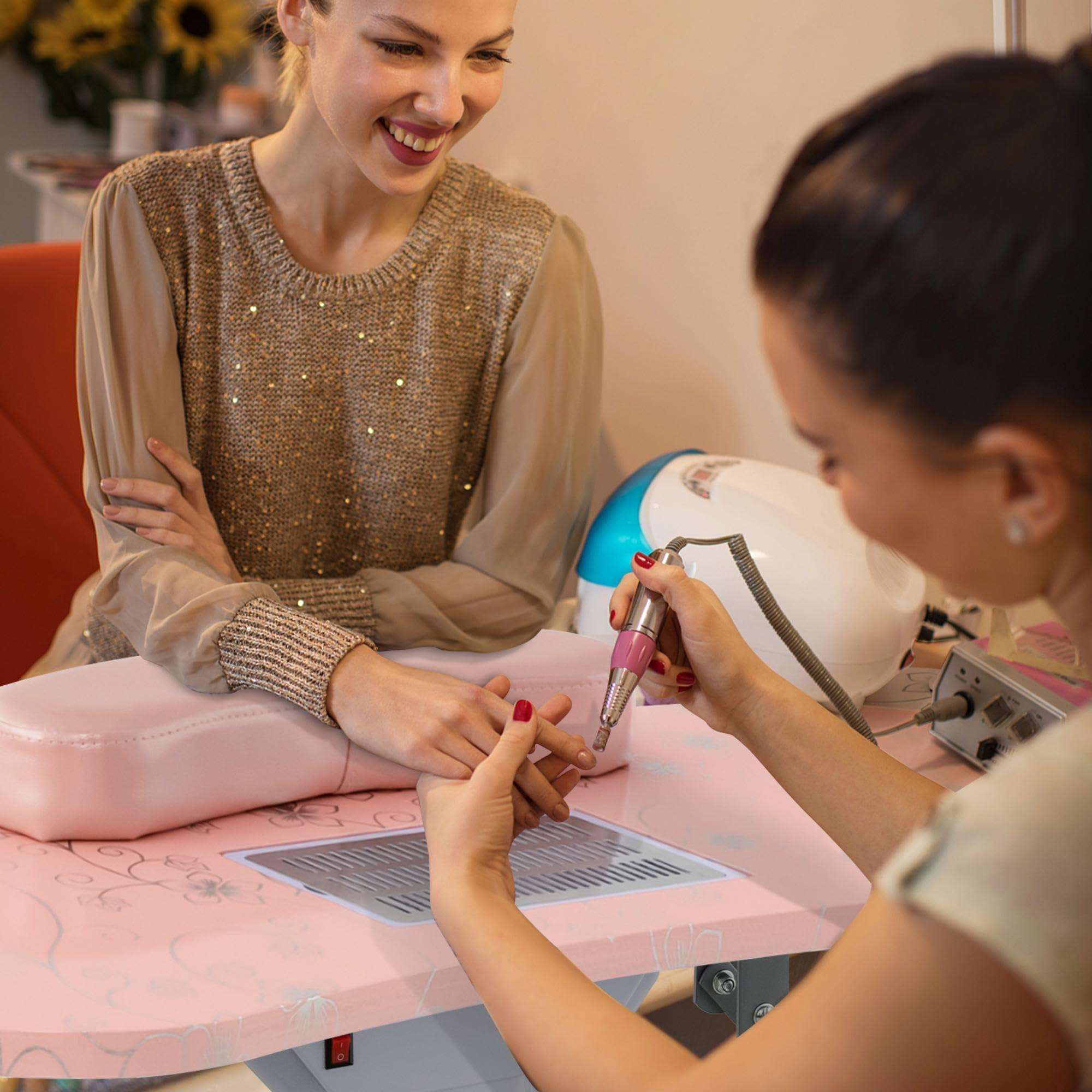 CHEFJOY CHEFJOY Portable Manicure Table, Foldable Nail Desk w/Electric Residue Collector, Bendable LED Lamp, Removable Armrest Pad, Lockable Wheels, Foldable Nail Table w/Carry Bag for Home, Salon, Pink