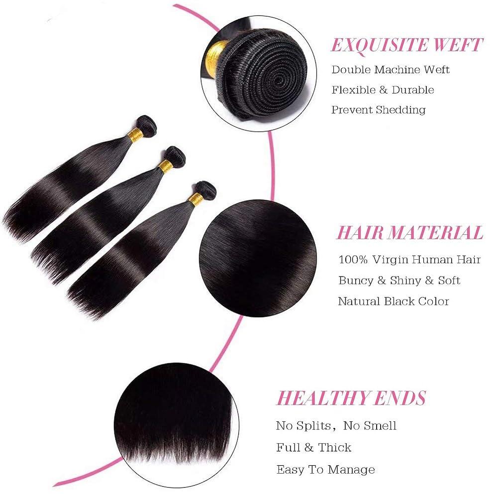Rebasar Straight Human Hair 3 Bundles 12 14 16 inches Brazilian Virgin 100% Unprocessed Straight Hair Weave Bundles Human Hair Natural Black Color Hair Extensions