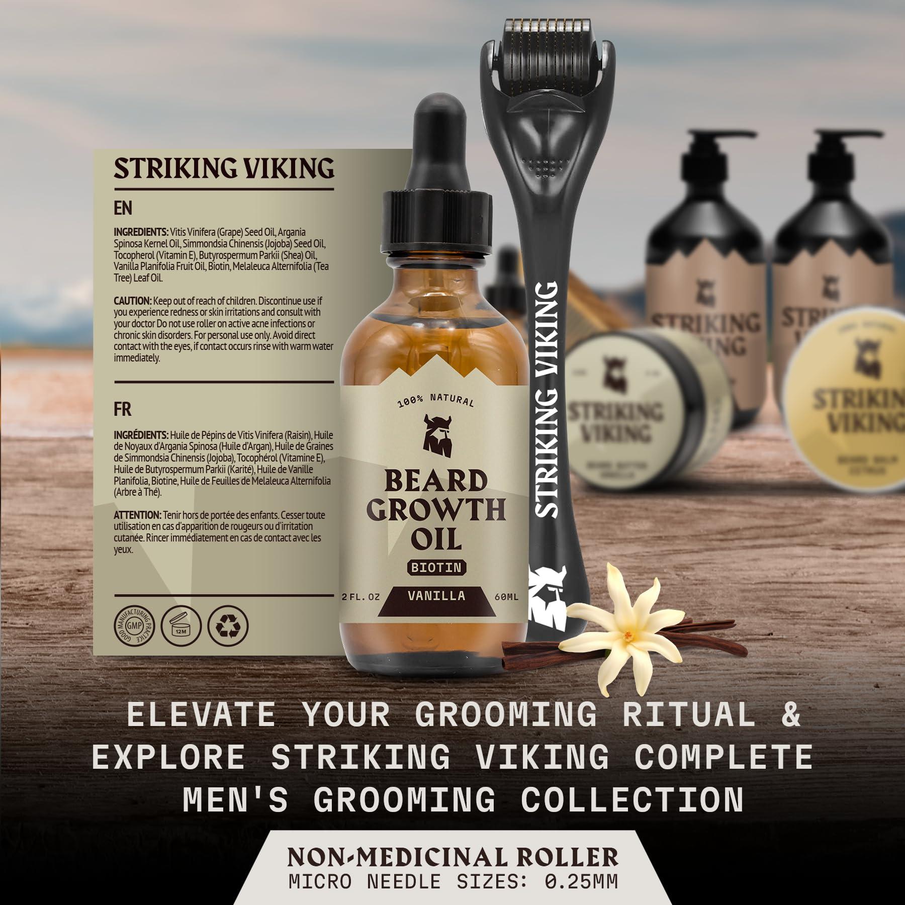 Striking Viking Striking Viking Beard Growth Kit - Beard Growth Oil & Roller for Thickening & Conditioning - Naturally Derived Serum for Men - Vanilla 2 Fl Oz (Pack of 2)