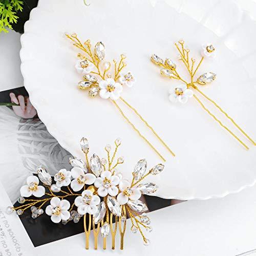Barode Barode Bridal Wedding Hair Comb Silver Flower Rhinestone Sparkly Crystal Bride Leaf Side Combs Pearl Hair Accessories for Women and Girls (Gold)