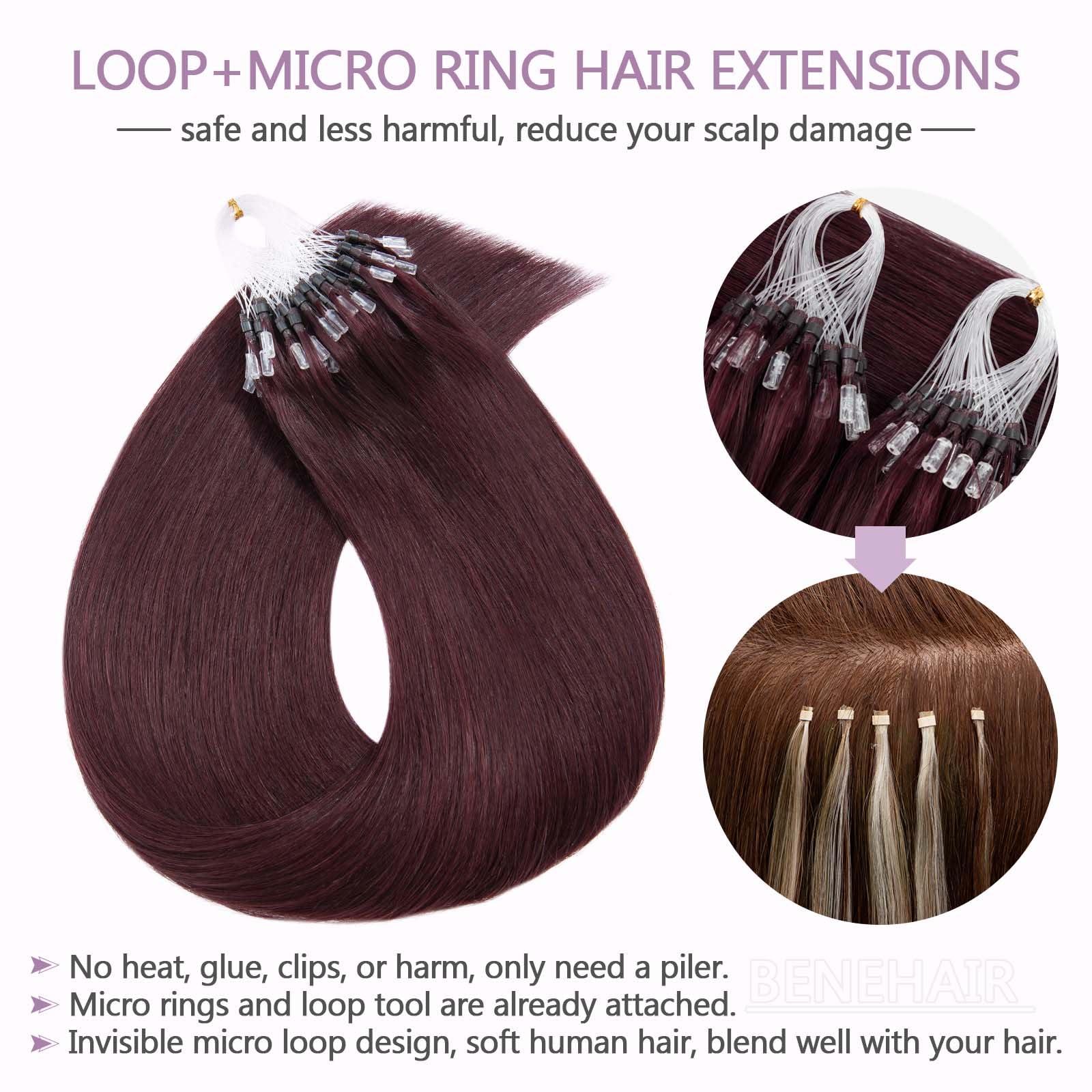 Benehair Benehair Micro Loop Hair Extensions Real Human Hair Wine Red Microlink Hair Extensions Human Hair 22inch Micro Link Hair Extensions for Women Invisible Natural Hair Extensions Add Volume