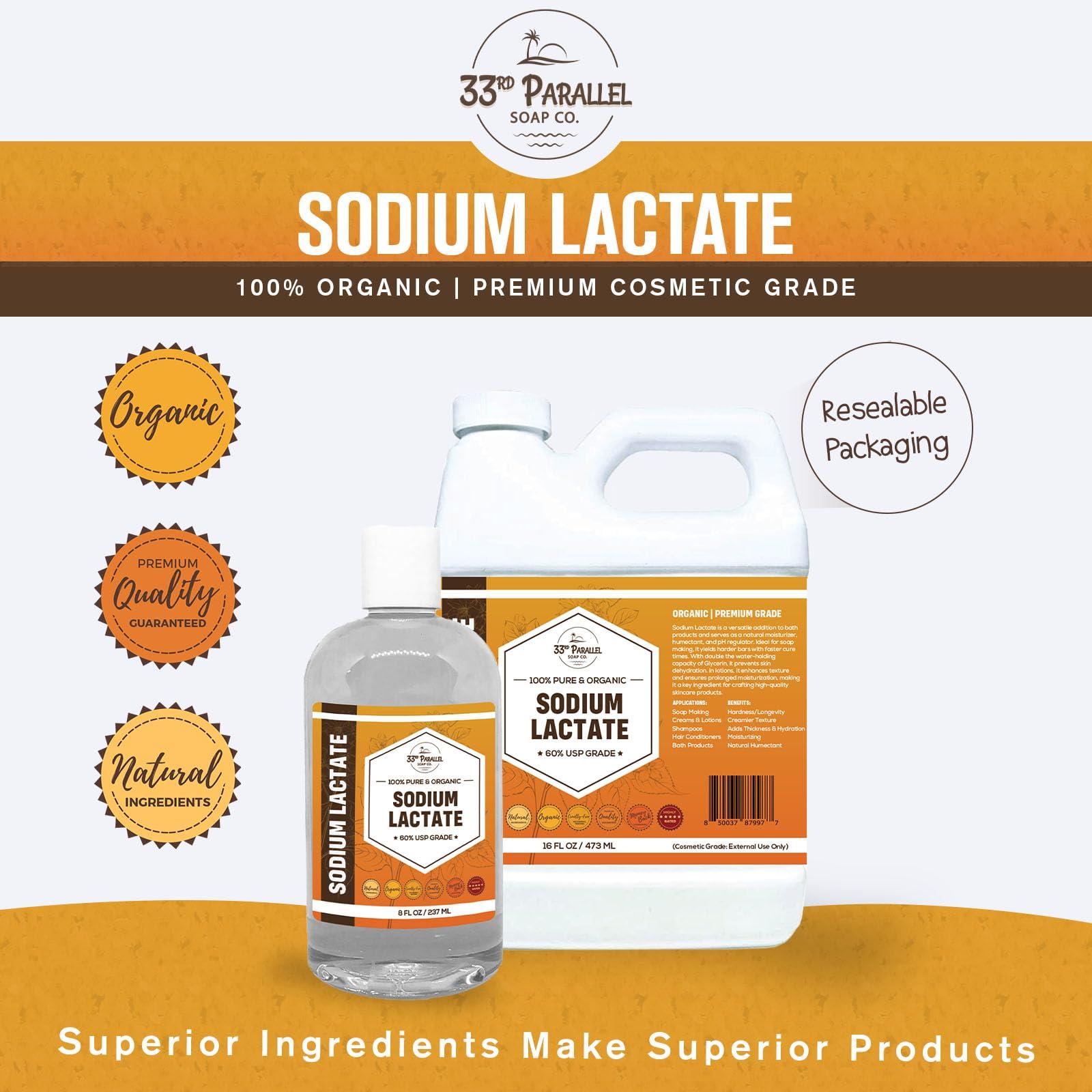 33RD PARALLEL SOAP CO. Sodium Lactate (16 oz) for Soap Making & Lotions, Premium Sodium Lactate Liquid, 60% Concentration, Cosmetic Grade, Moisturize Anti-Aging, Makes Soap Harder | 16 FL OZ