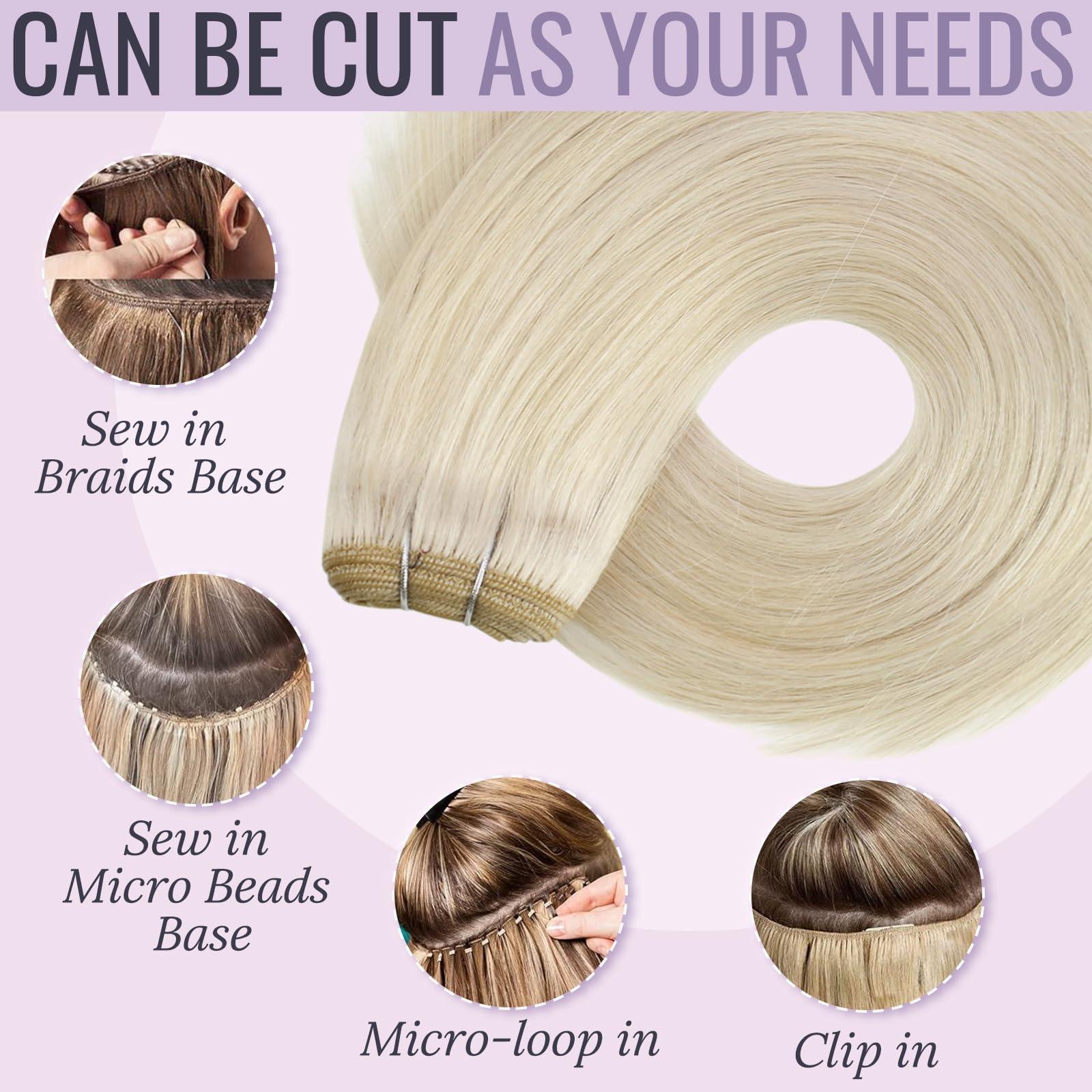 Fshine Fshine Blonde Weft Hair Extensions Human Hair 20 Inch 100 Gram White Blonde Sew in Hair Extension Double Weft Straight Real Human Hair Bundle for Women