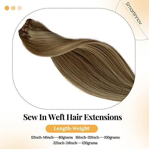 Smartinnov Sew in Hair Extensions 24 Inch 120G Ash Brown to Platinum Blonde Highlight Human Hair Hand Tied Weft Hair Extensions Ombre Blonde Highlights Brazilian Virgin Hair Double Weft Remy Hair Bundles