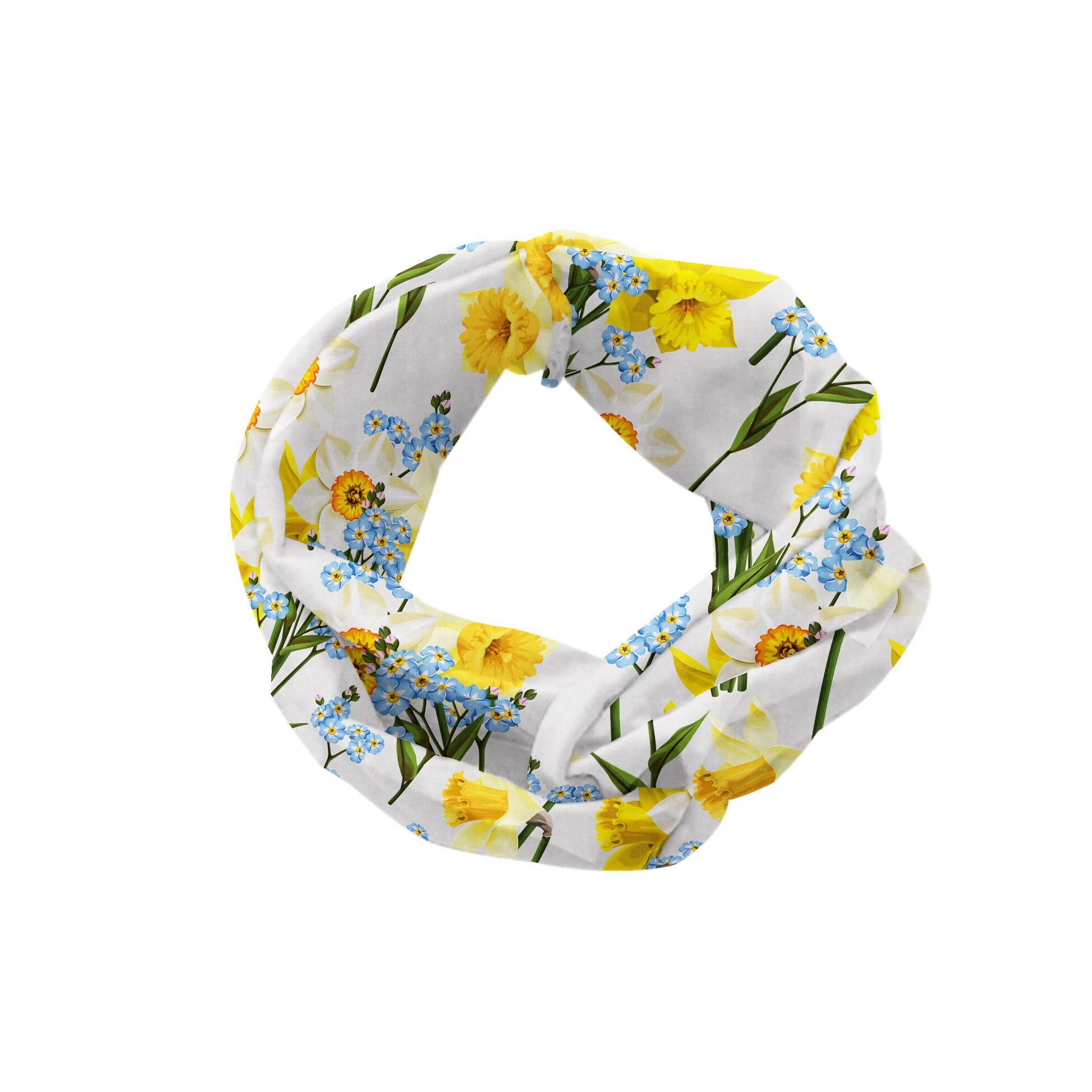 Lunarable Lunarable Daffodils Headband for Women, Forget Me Not Flowers and Daffodil Blossom Leaf Bouquet Spring Garden, Elastic Comfy Hair Accessory Knotted Head Wrap Everyday Use, XS-S, Yellow Blue Green