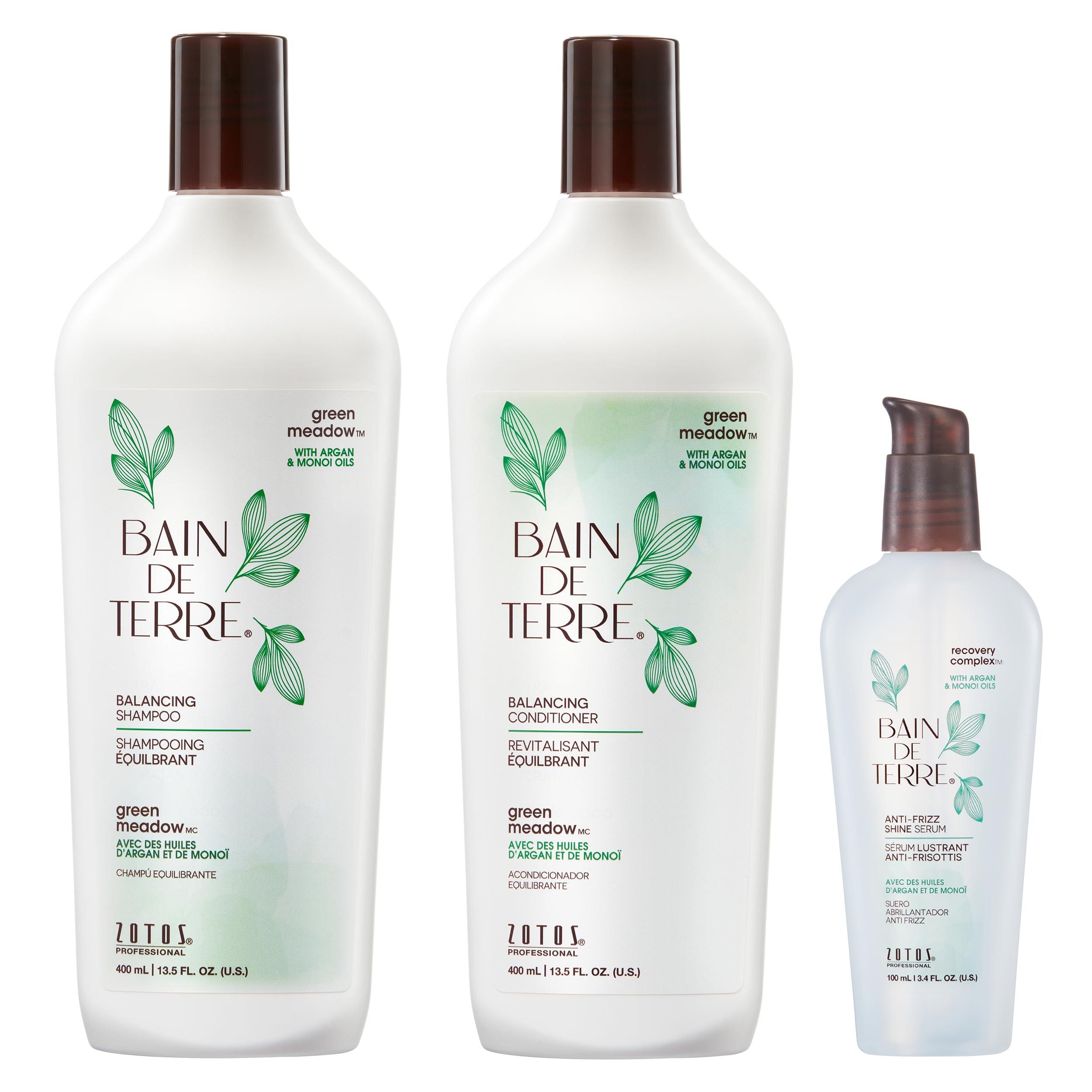 Bain de Terre Bain de Terre Balancing Shampoo and Conditioner Set & Shine Serum | Green Meadow | Restores Optimal Balance for Normal, Oily Hair | Paraben Free | Color-Safe | 13.5 Fl Oz