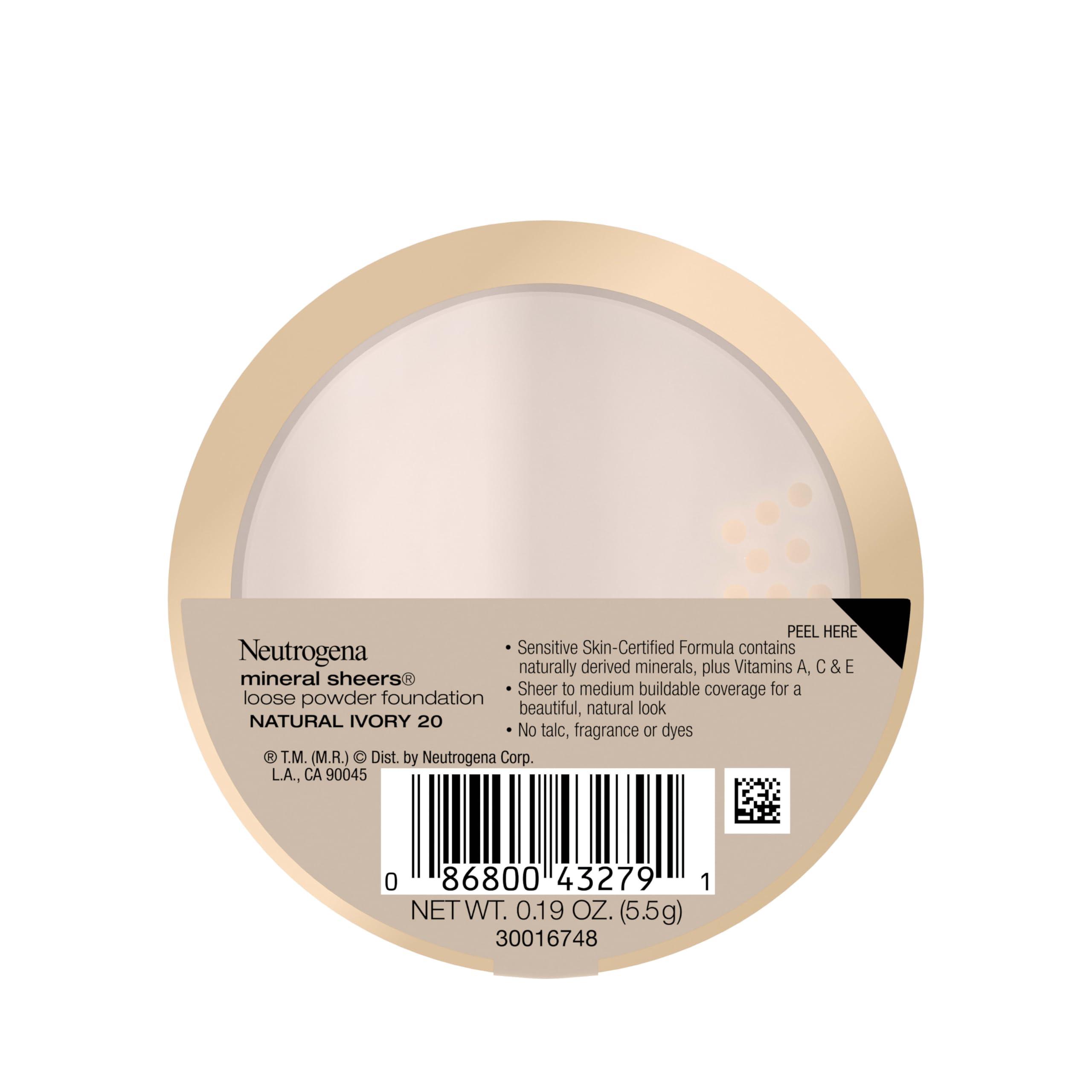 Neutrogena Neutrogena Mineral Sheers Lightweight Loose Powder Makeup Foundation with Vitamins A, C, & E, Sheer to Medium Buildable Coverage, Skin Tone Enhancer, Face Redness Reducer, Natural Ivory 20,.19 oz