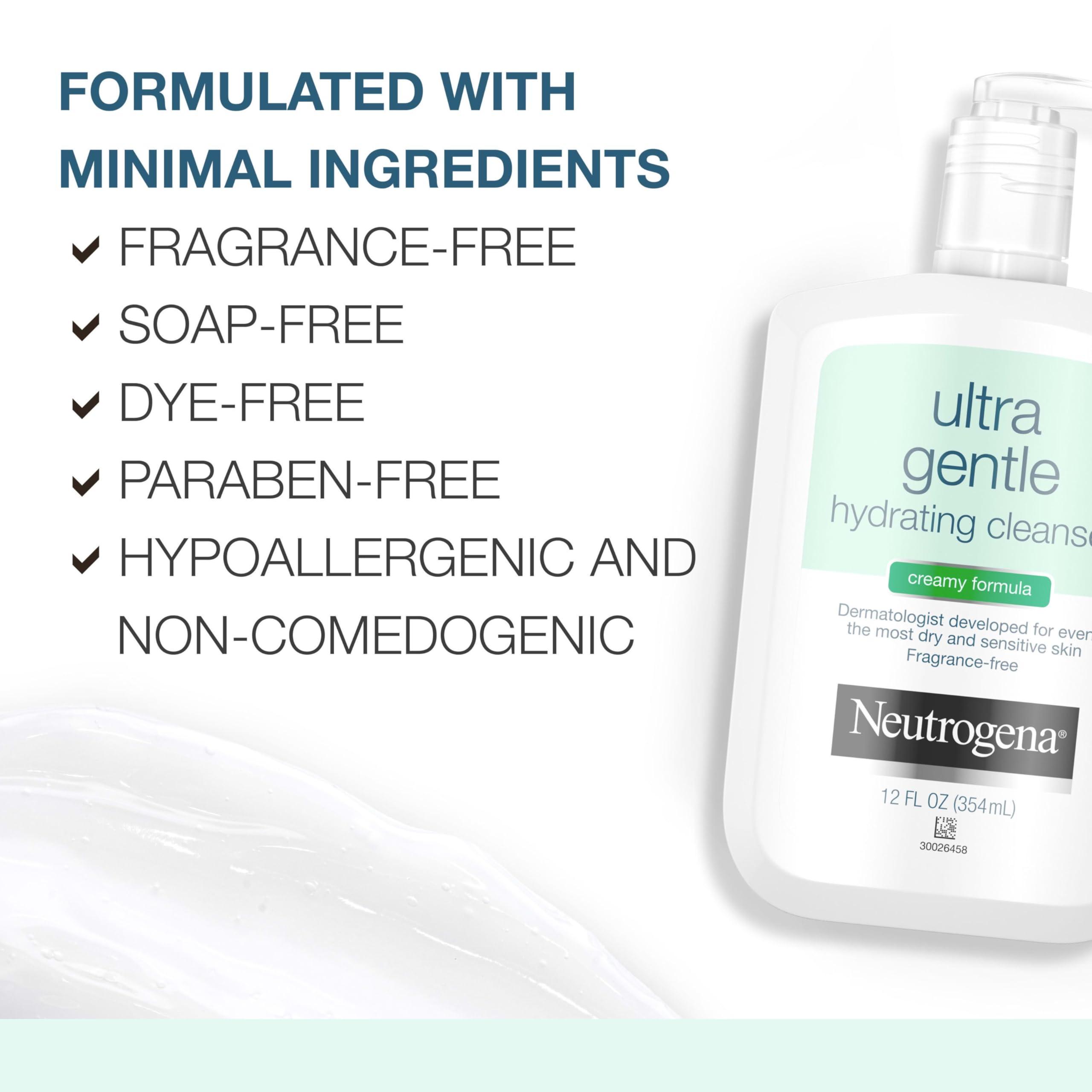 Neutrogena Neutrogena Ultra Gentle Hydrating Facial Cleanser, Non-Foaming Face Wash for Sensitive Skin, Gently Cleanses Face Without Over Drying, Oil-Free, Soap-Free, Fragrance-Free, 12 fl. oz