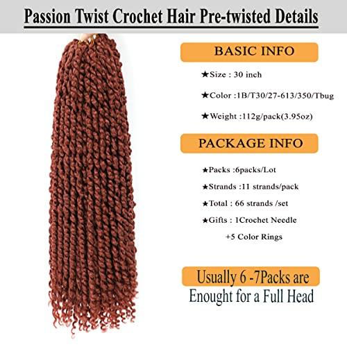 Flagship Passion Twist Hair 30 Inch Ginger Color Long Pre-twisted Passion Twists Crochet Hair Copper Red Pre-looped Curly Crochet Hair for Black Women (6Packs,350)
