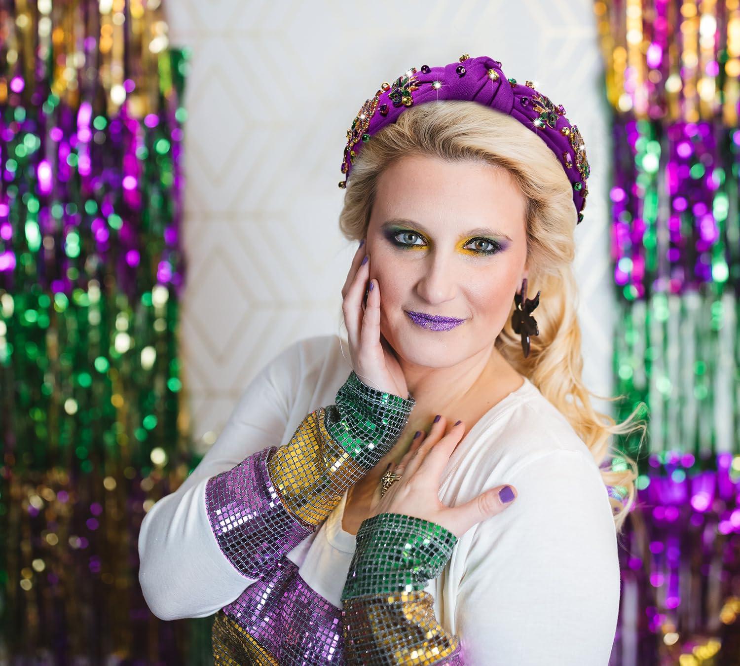 CEALXHENY CEALXHENY Mardi Gras Headband for Women Fleur De Lis Crown Mask Headband Purple Jeweled Rhinestone Pearl Top Knot Headband Carnival Mardi Gras Accessories Parade Party Favors Gifts (Mixed 2 - Purple)