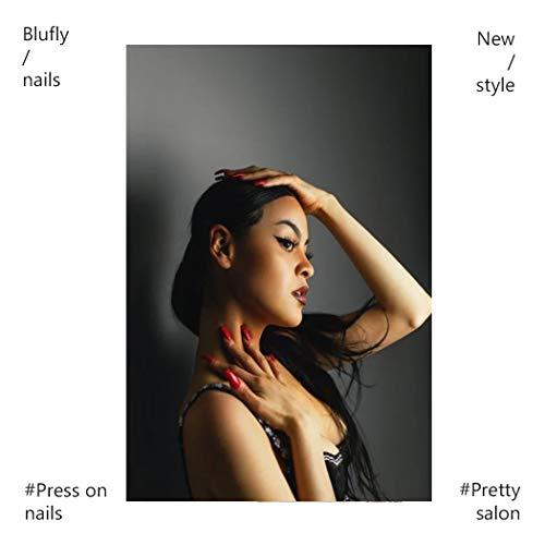 Blufly Blufly Glossy Press on Nails Long Square Coffin Fake Nails Acrylic False Nails Tips Ballerina Nails for Women and Girls (Blue) (Style D)