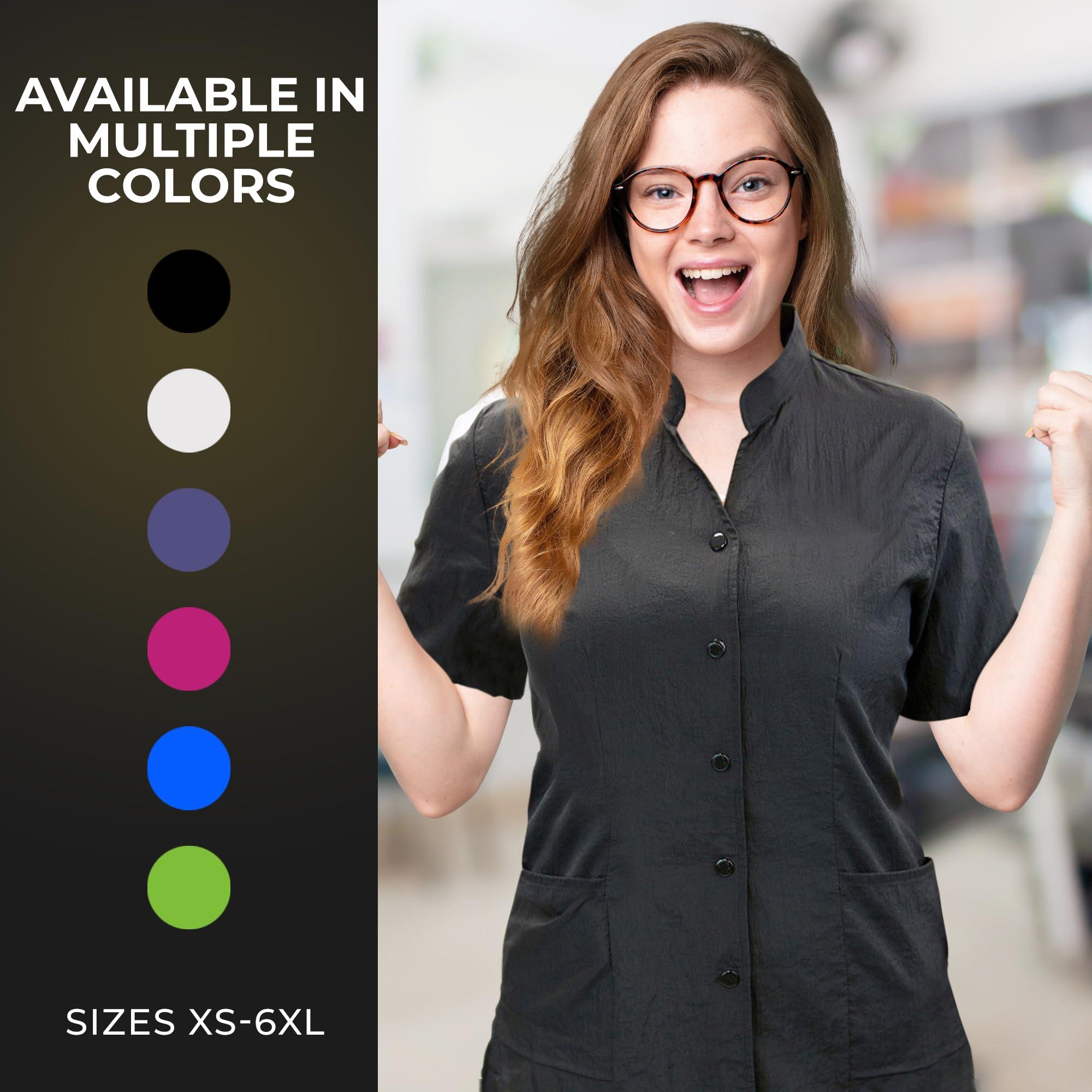 CHARLENE Anna Jacket Short-Sleeve Uniform for Stylist Barber Groomer Nail Tech Skin Care Makeup Artist Smocks (XS, BLACK)