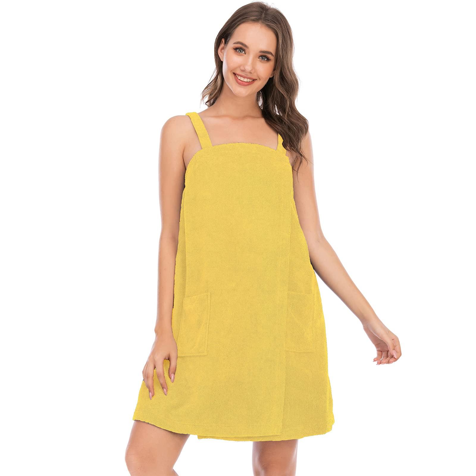 ANUFER ANUFER Womens Adjustable Bath Towel Wraps with Headband for Gym Shower Spa & Beach Cover Ups Yellow M