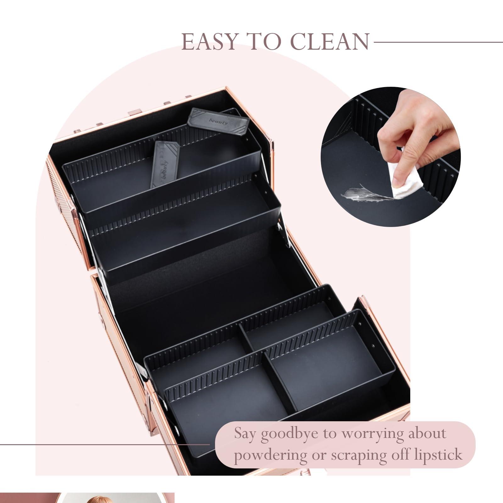 FRENESSA FRENESSA Makeup Train Case Makeup Case Travel Cosmetic Box Organizer Portable Make Up Box with Dividers Lockable for Artist Nail Sewing Vanity Storage Makeup Travel Case Rose Gold