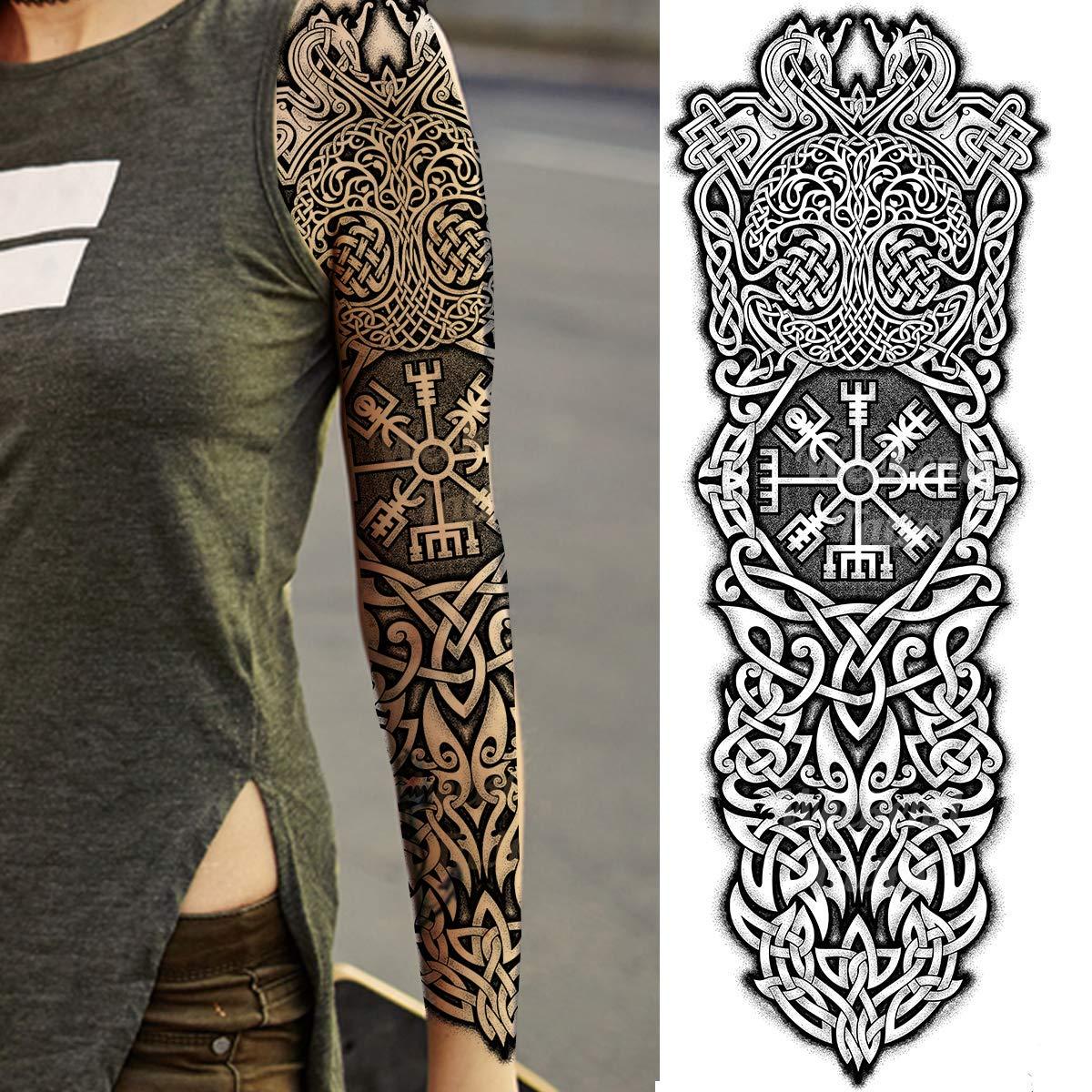 Tatodays Tatodays temporary tattoo full arm stick on body art viking icelandic medieval celtic transfer for women and men cosplay halloween adult aegishjalmur temp tattoo tree of life wolfs fancy dress