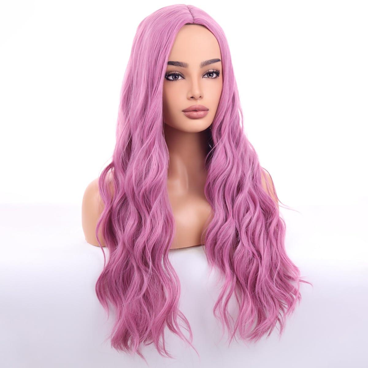 WTHCOS WTHCOS Mixed Purple Wig Long Curly Wavy Hair Wig for Women Middle Part Wig Light Purple Wig Heat Resistant Synthetic Hair Wigs for Daily Use Cosplay Wig With Wig Cap