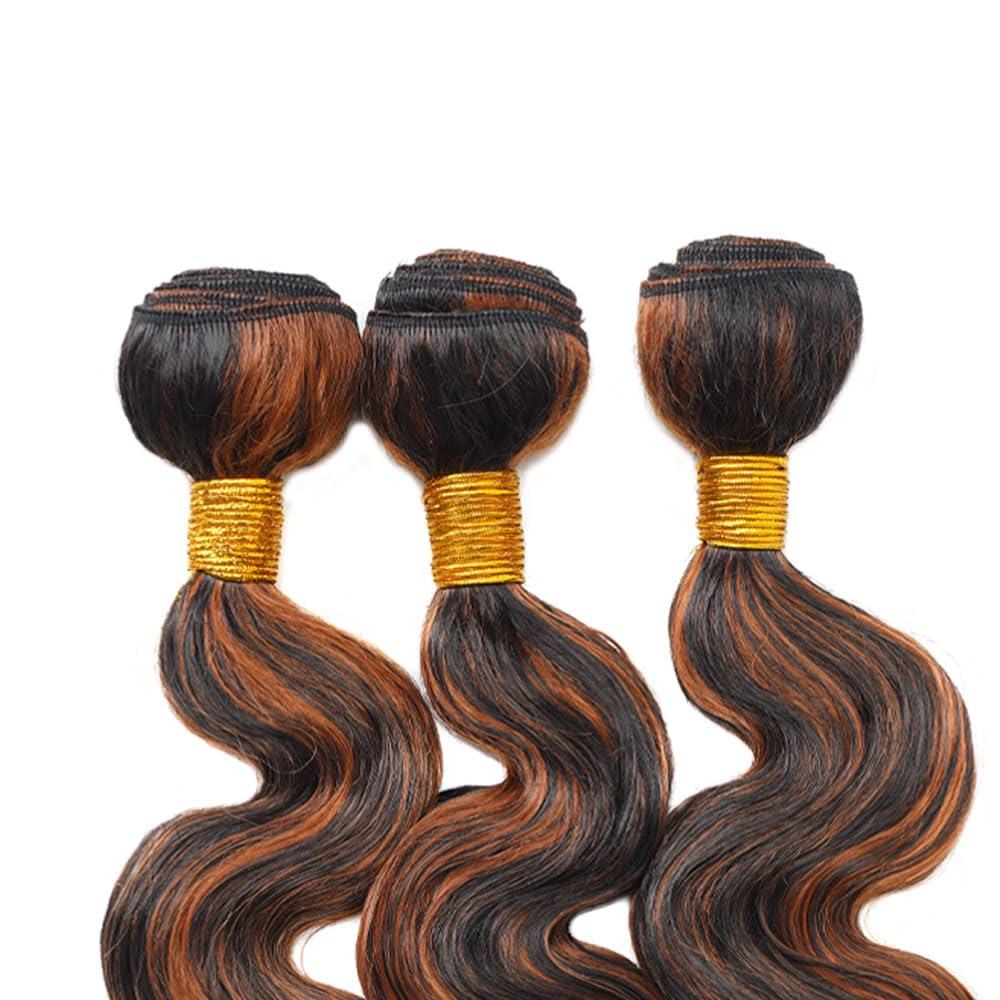 Seeuiegam P1B/30 Highlight Body Wave Bundles Brown Human Hair Bundle Real Brazilian Virgin Brown Body Wave 3 Bundles Two Tone Black and Brown Bundle Double Weft Hair Extensions 14 16 18 Inch