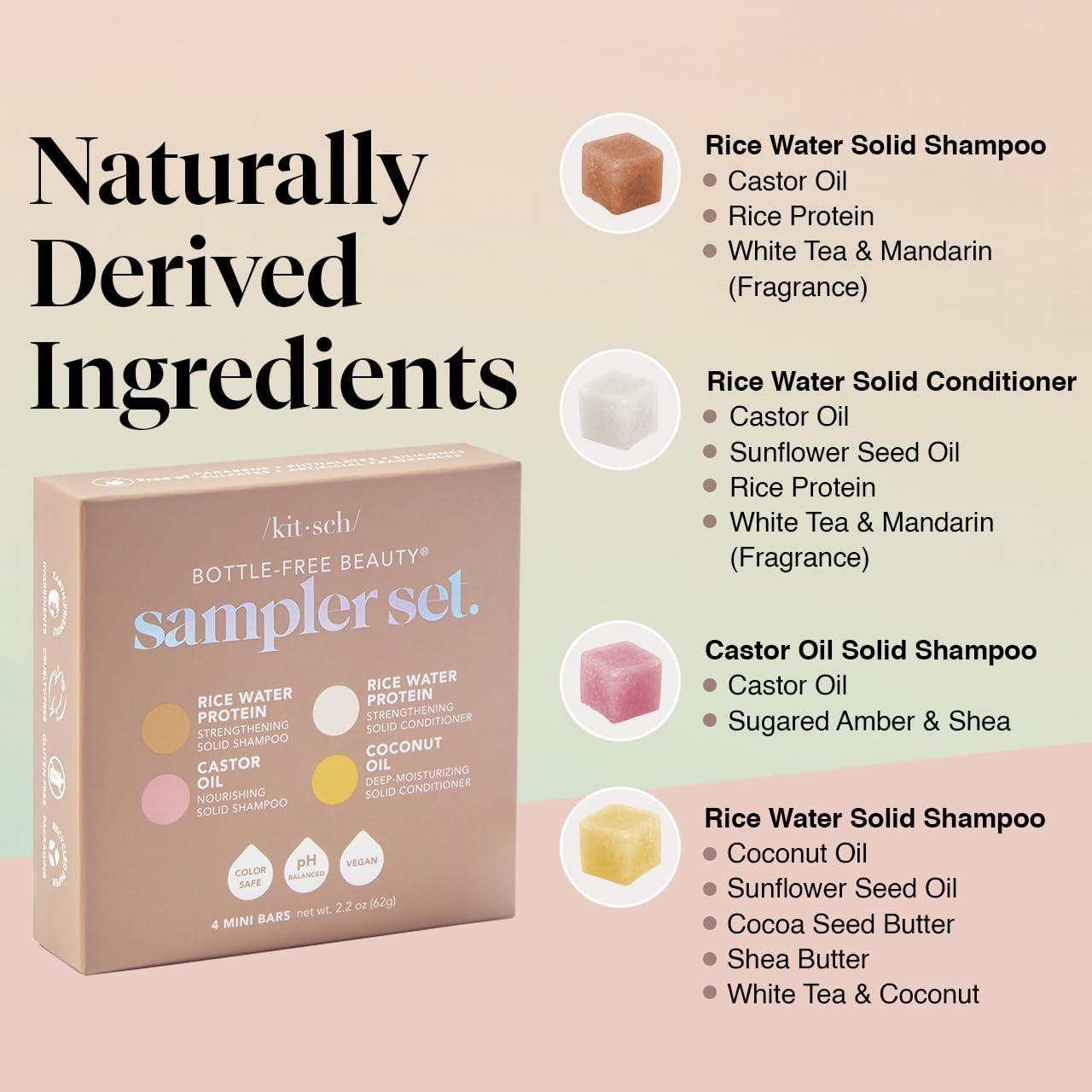 Kitsch Kitsch 4pc Sampler Solid Shampoo and Conditioner Set - Rice Bar & Castor Oil Shampoo and Rice Bar & Coconut Oil Deep-Moisturizing Hair Conditioner, Zero Waste - Valentines Gift
