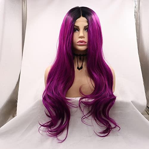 xiweiya xiweiya Long Purple Lace Front Wigs with Dark Roots Middle Part Purple Synthetic U Part Lace Front Wigs Natural Hairline Heat Resistant Hair High Density Wig for Women 26 Inch