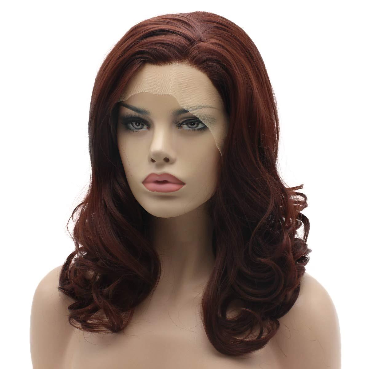 Lushy Lushy Synthetic Wavy Medium Length Dark Auburn Lace Front Wig