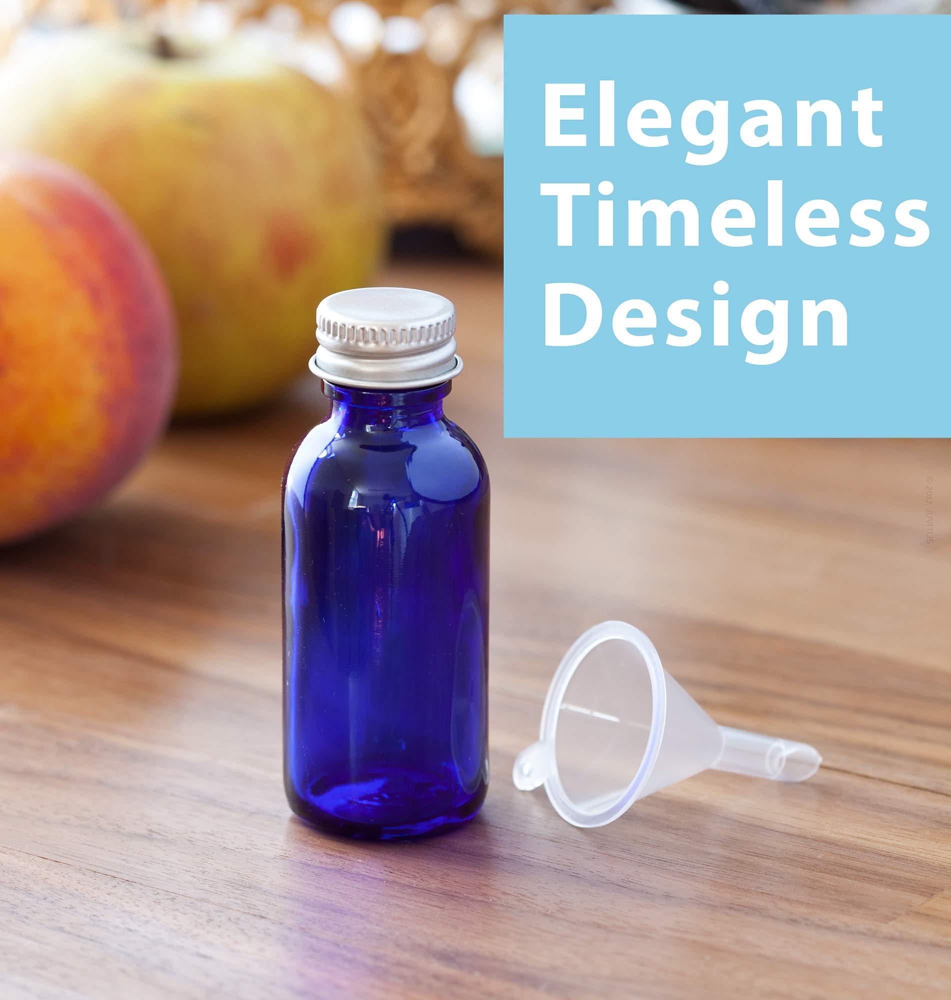 JUVITUS 1 oz Cobalt Blue Glass Boston Round Bottles with Silver Metal Screw On Caps (12 Pack) + Funnel