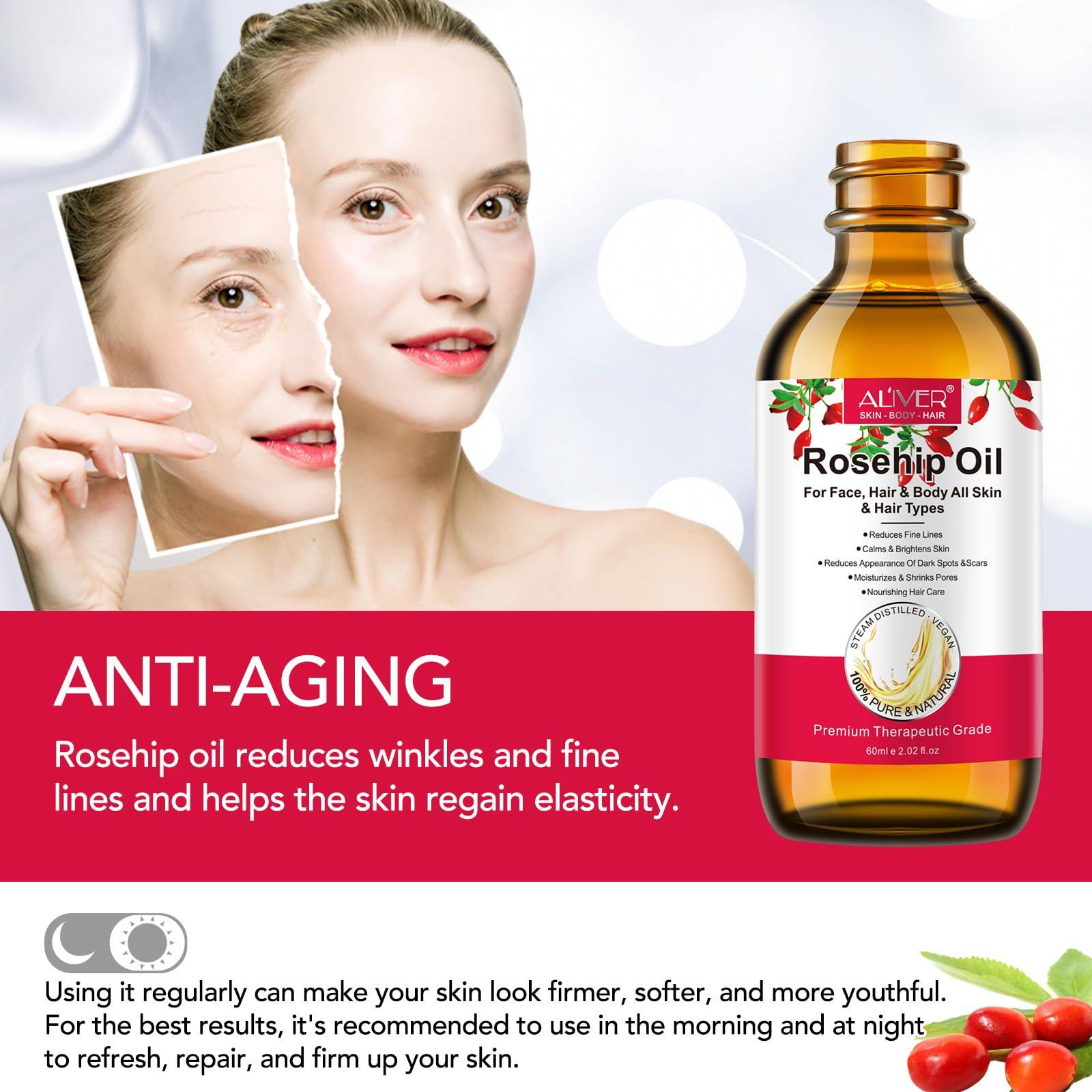 Onznoz Rosehip Oil for Face, Rose Hip Oil Organic Rosehip Seed Oil 100% Pure Cold Pressed for Anti-Aging, Nourishing Hair Care, Face & Skin (2.02 Fl Oz)