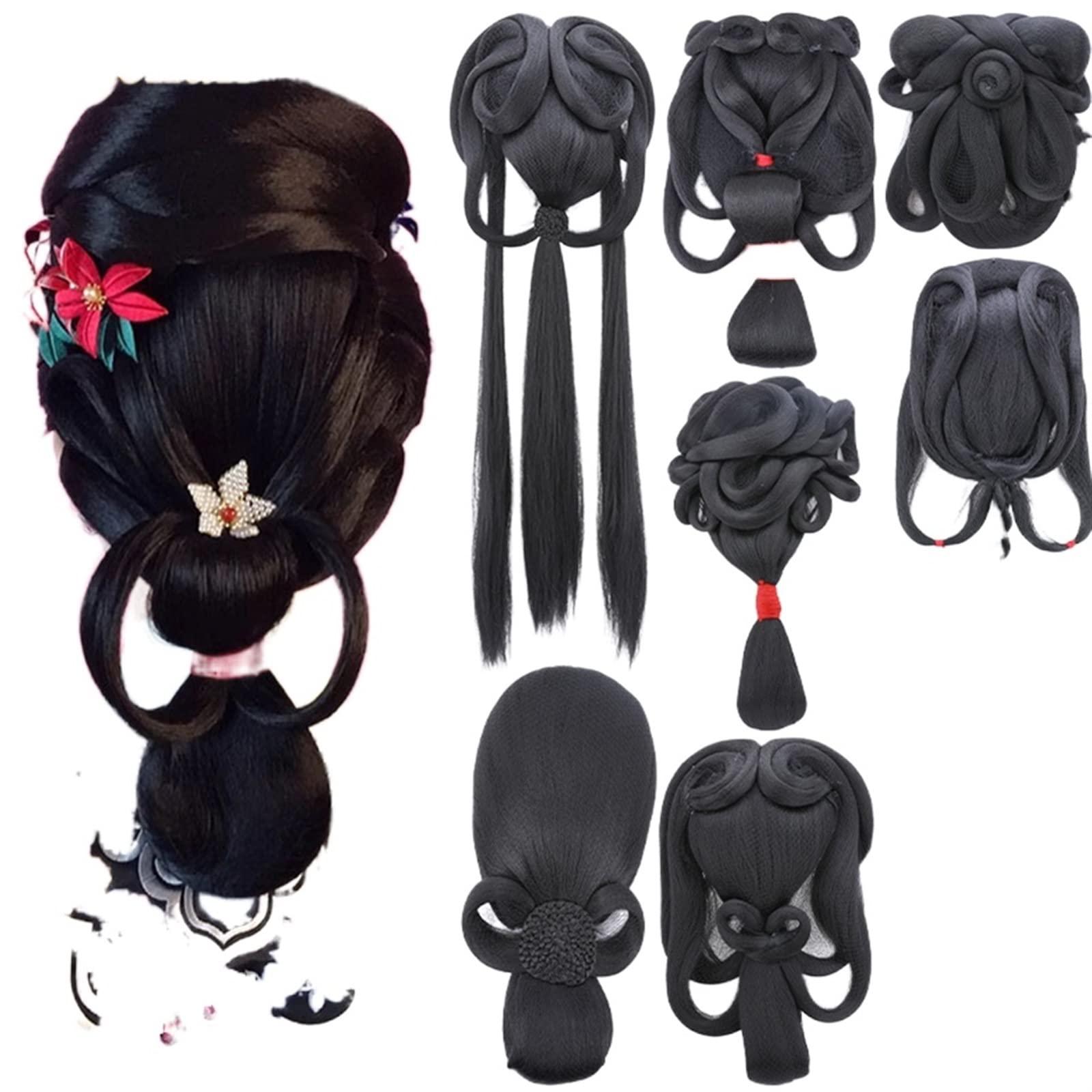 Oligage Oligage Synthetic Chinese Traditional Hanfu Wig Hair Bun Retro Black Chignon Fake Ancient Chinese Hair Bun Princess Cosplay Wig (Color : 23)