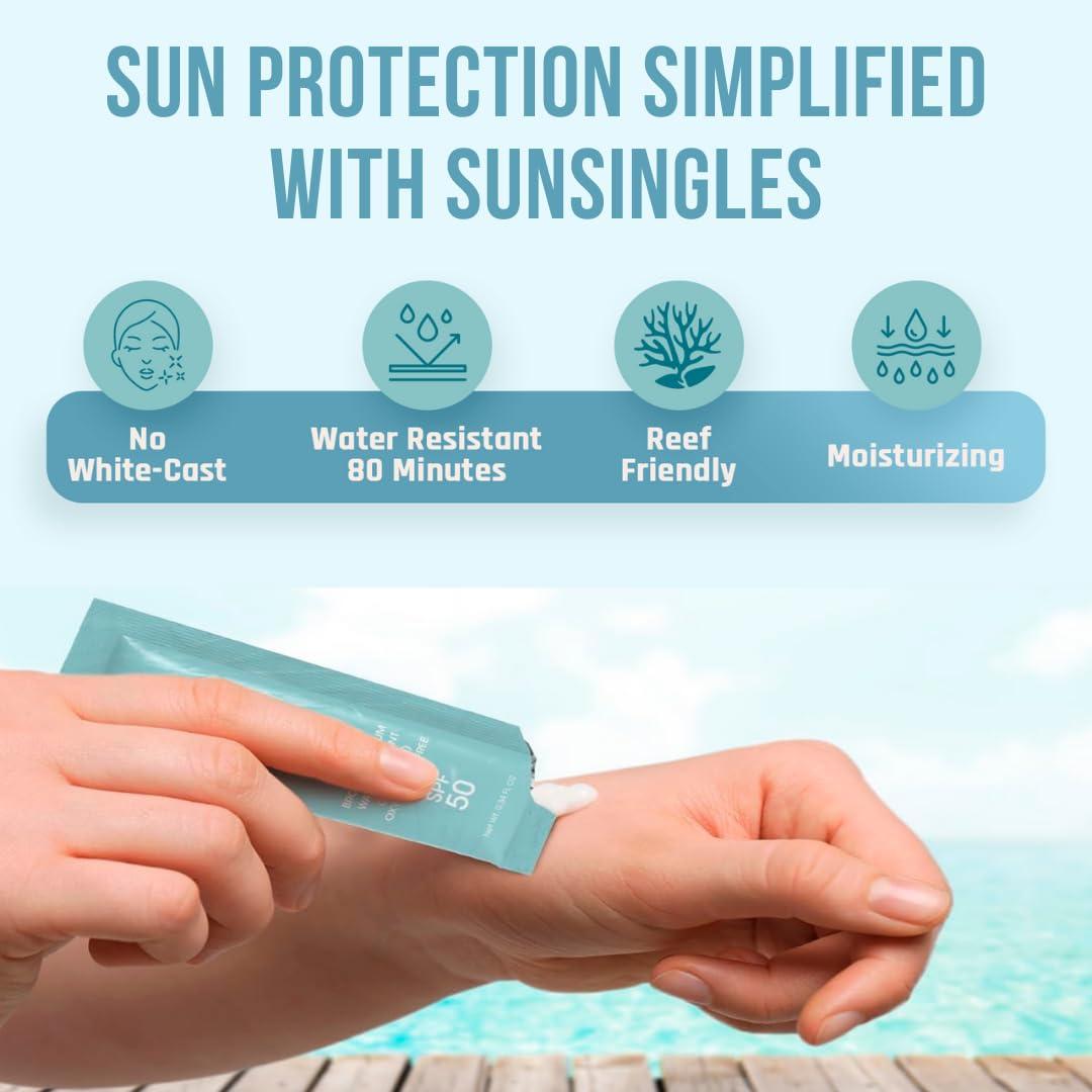 BROTION SunSingles Travel Size Sunscreen 10 Pack, Water/Sweat Resistant, SPF 50, PABA Free Mini Sunscreen, Reef Safe Sunscreen, Single Use Packets 0.34 Fl OZ