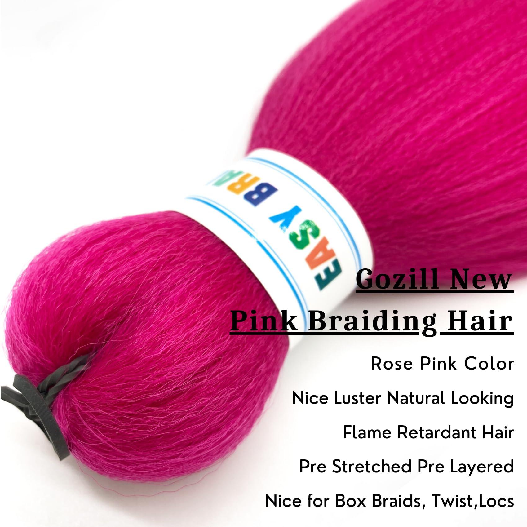 Gozill Rose Pink Braiding Hair Pre Stretched Box Braid Hair Extension 26 Inch for Braiding(Pack of 3)