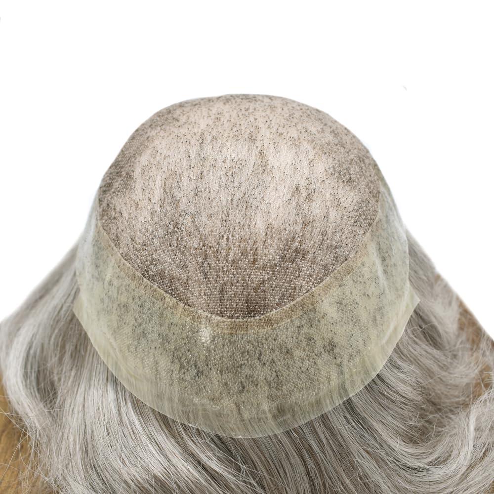 Generic Toupee For Men Hair Replacement System For Men Swiss Lace Mens Hair System Hair Pieces For Men Real Human Hair Mens Toupee 6x8\'\'-100% light to medium density#580 5# MEDIUM LIGHT BROWN+80% GREY