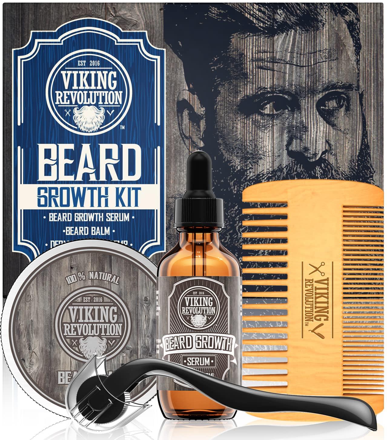 Viking Revolution Beard Growth Kit - Oil, Balm, Serum, Derma Roller & Wooden Comb for Beard & Mustache Growth
