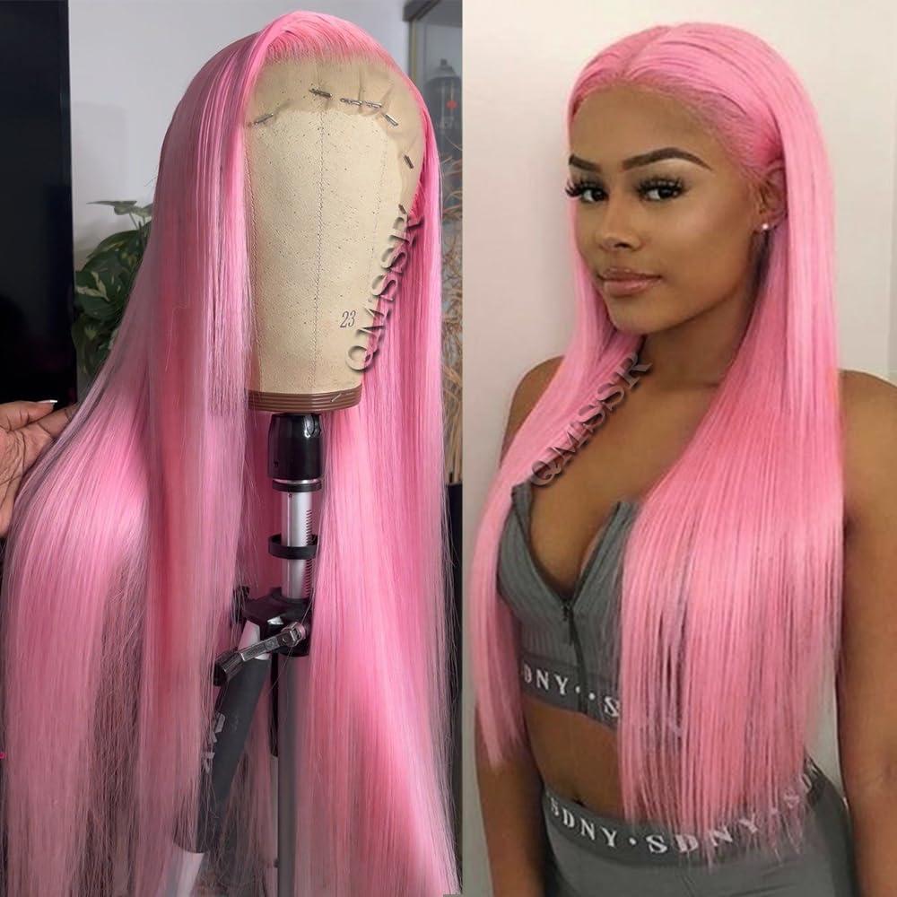 QMSSR QMSSR 13x6 Pink Synthetic Lace Front Wigs Pre Plucked Long Straight Hair Pastel Pink Lace Front Wigs for Fashion Women Heat Resistant Soft Hair Natural Hairline