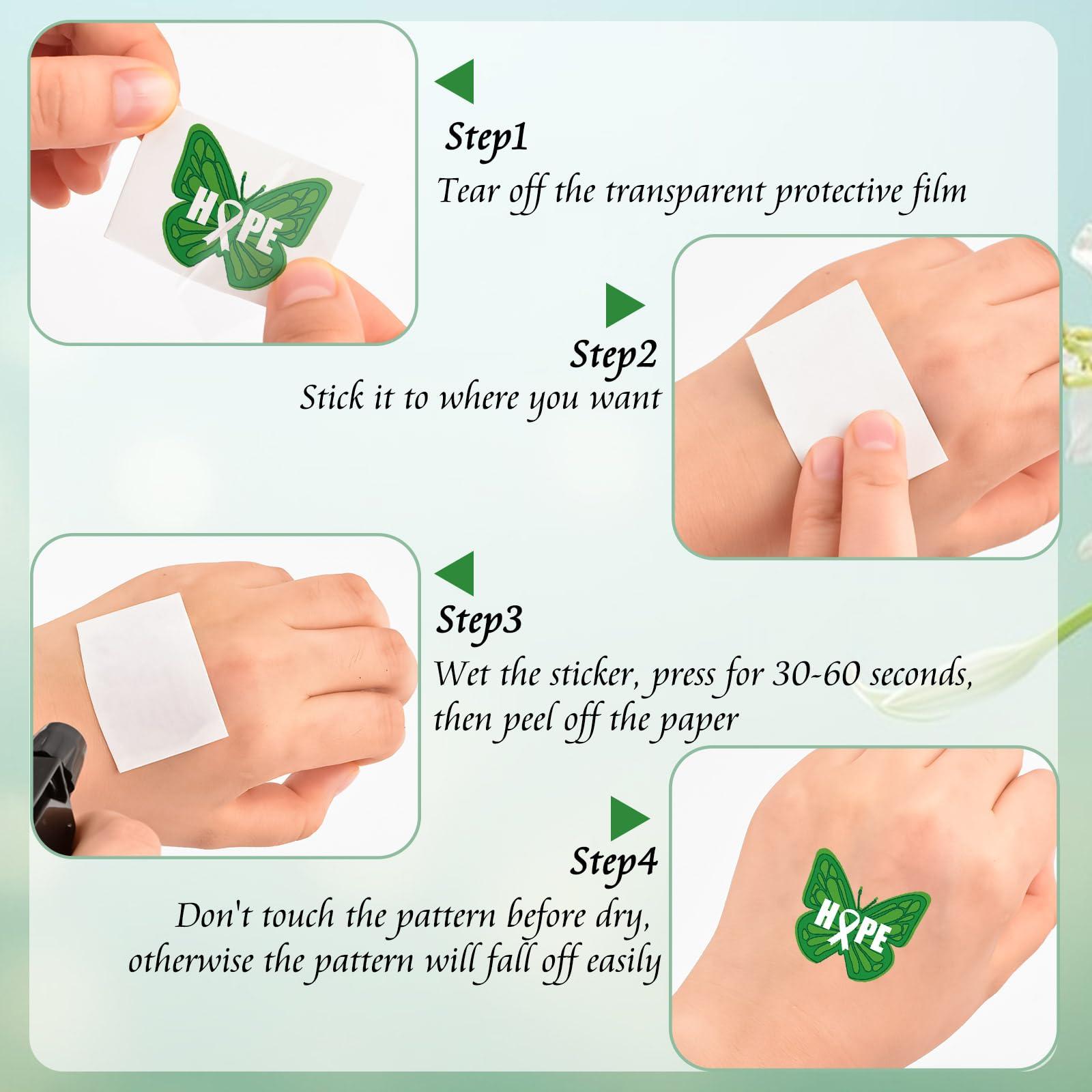 WANDIC WANDIC Green Ribbon Awareness Kit, 100PCS Ribbon Pins 10 Sheets Temporary Tattoo for Mental Health for Public Benefit Activities