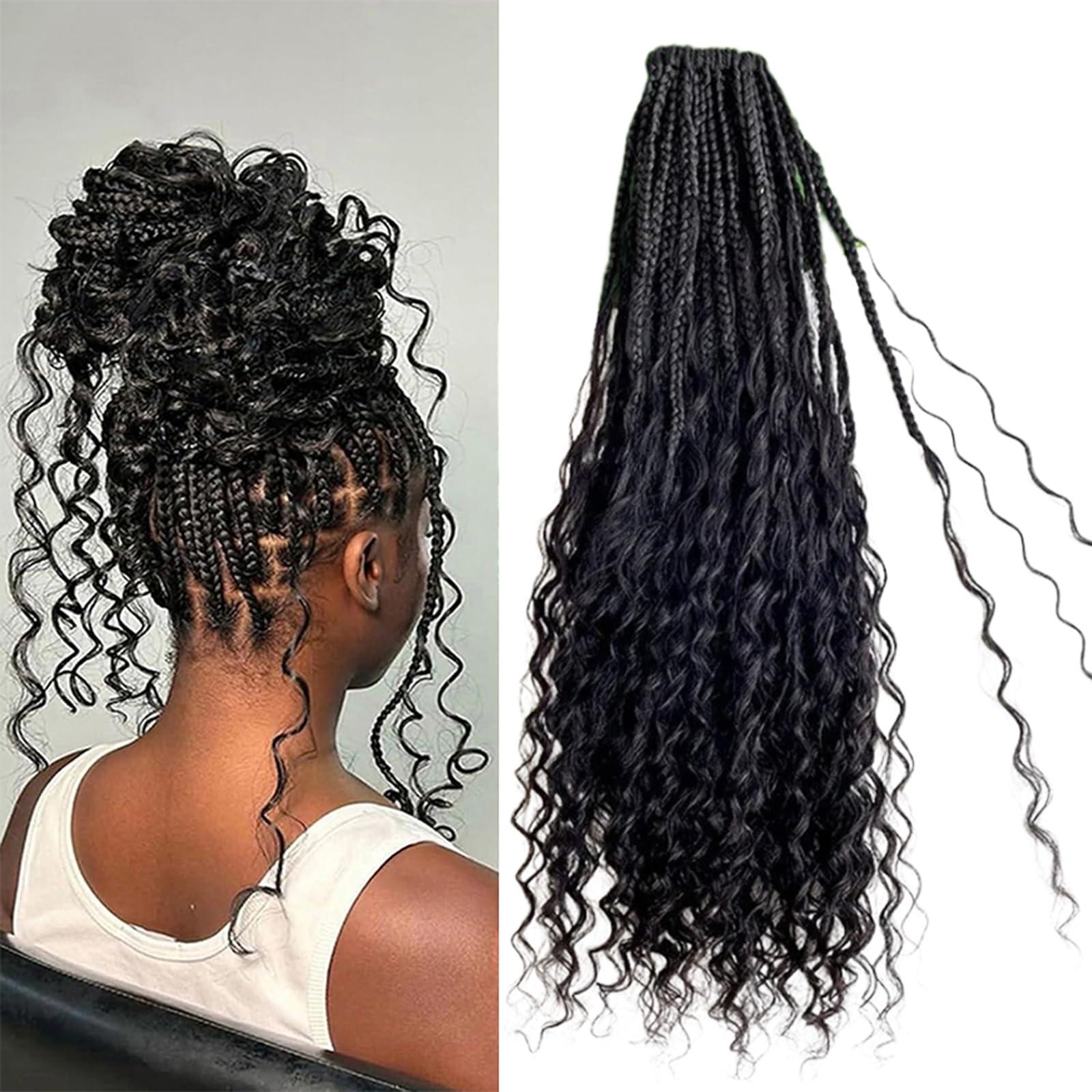 CHARMING YOU Boho Box Braids Crochet With Human Hair Curls Synthetic Braiding Pre-looped Goddess Hair Extensions Boho Knotless Braids for Women 18 Inch 40Strands