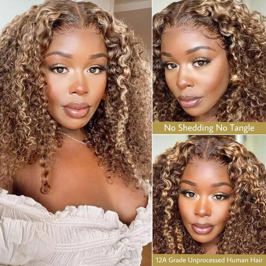 Sunber Sunber Human Hair Bundle Honey Blonde Highlight Curly Human Hair Weave Bundle 12A Brazilian Remy TL412 Highlights Balayage Color 14\"Inch Human Hair Weave Sew in Extension