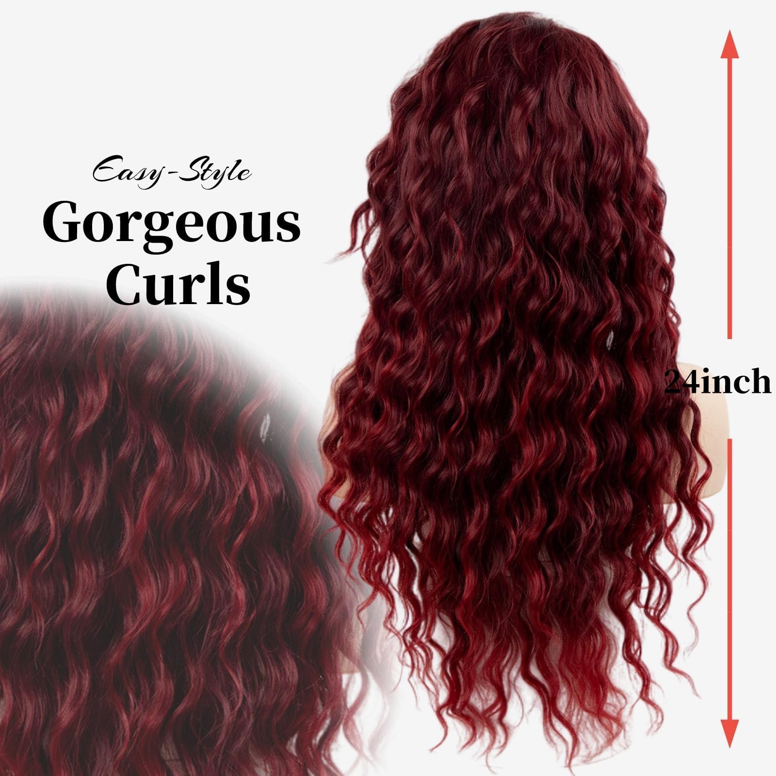 Fencca Fencca Burgundy Long Curly Wigs for Women Heat Synthetic Wig Wine Red Wavy Long Curly Hair Wig
