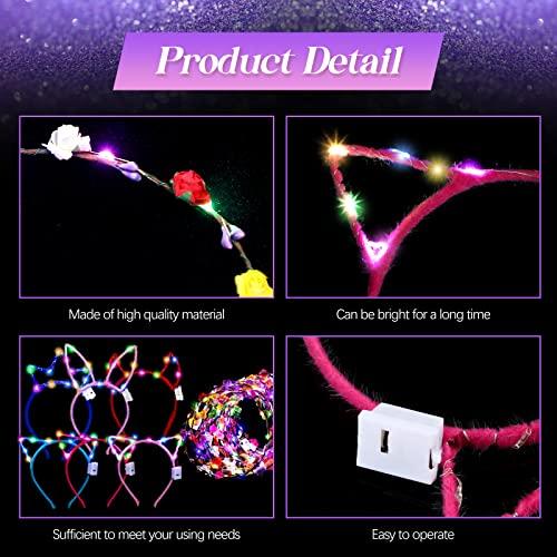 Xinnun 50 Pcs LED Cat Ear Headbands Bulk, Light up Flower Headband Glow Crown Rabbit Ear Hairband Luminous Head Accessories for Glow in the Dark Party Supplies