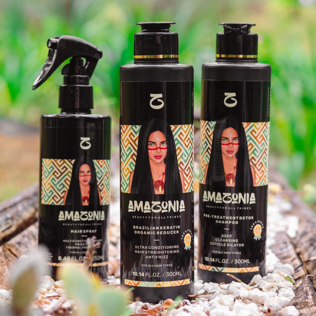 AMAZONIA BEAUTY FOR ALL TRIBES Organic Brazilian Keratin Hair Treatment Kit | Beauty For All Tribes | 3 Products: Pre-Treatment Detox Shampoo | Keratin Reducer Straightening Anti-Frizz | Multifunction Finishing Spray