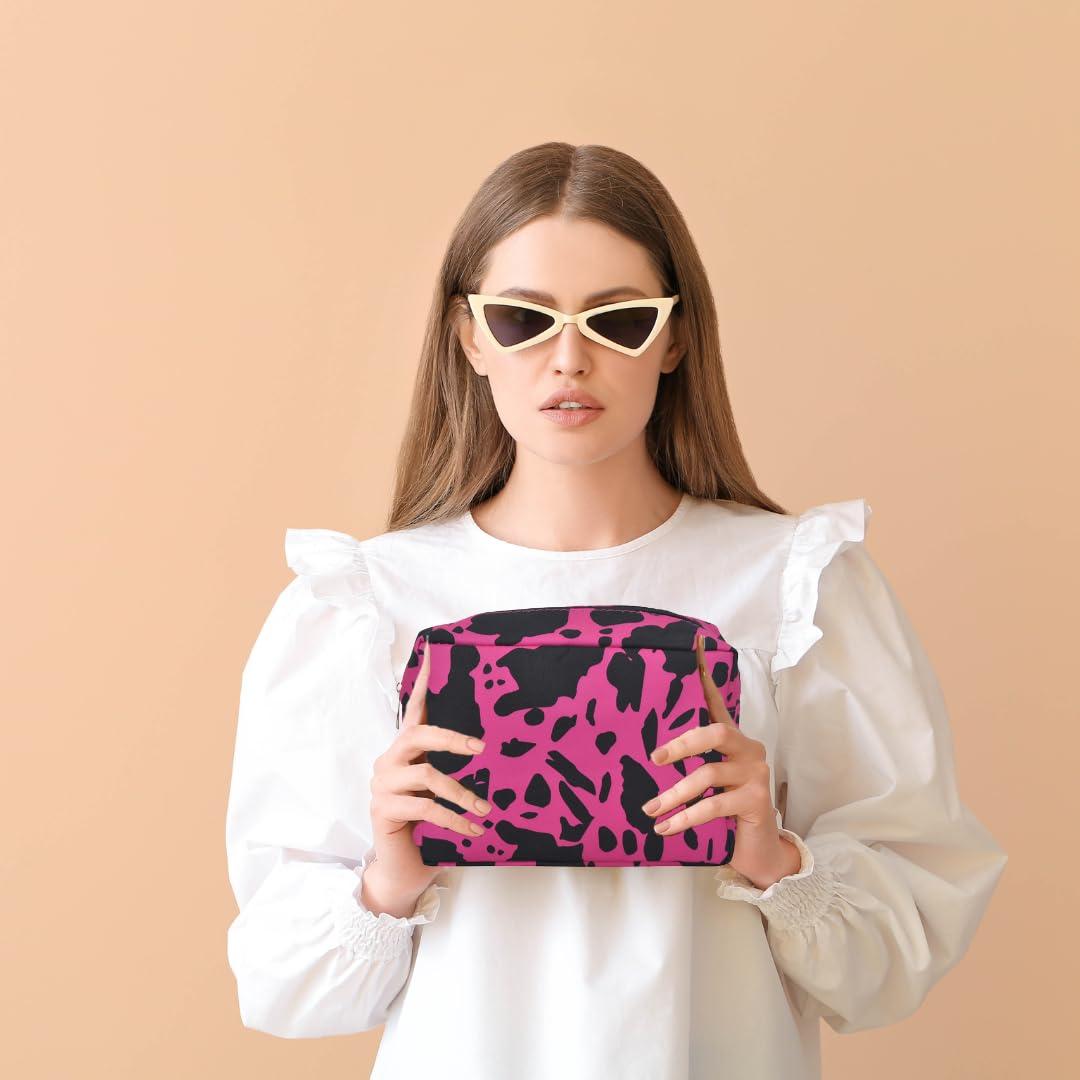 NGIL NGIL Makeup Bag for Women, Cute Cosmetic Bag, Lightweight Toiletry Make up Bag, Large Aesthetic Organizer Storage Pouch for Girls, Large Pouch, Toiletry Pouch (Hot Pink Cow- Hot Pink)