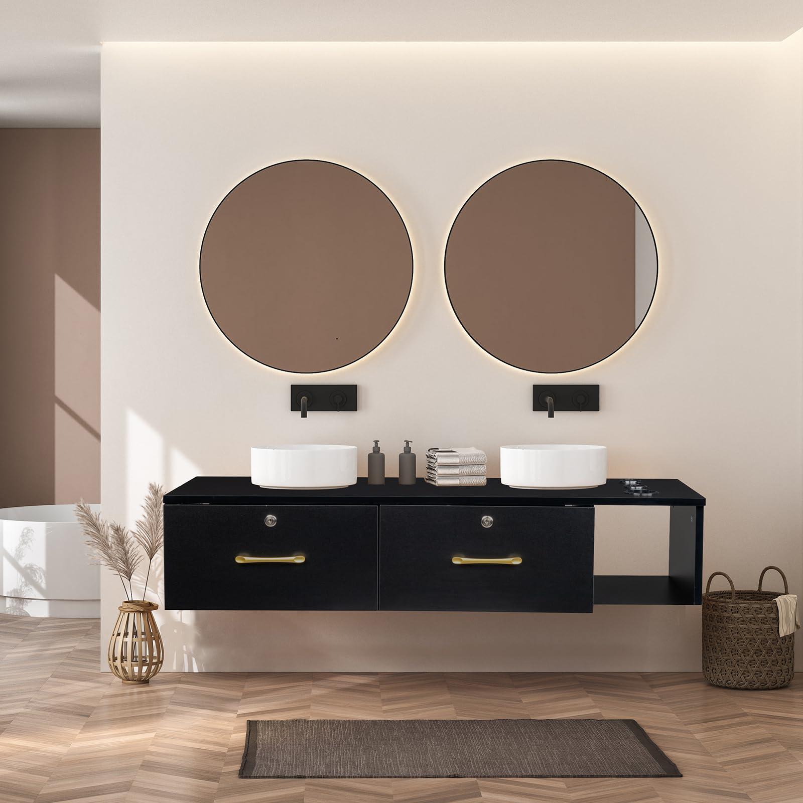 Hikarinowa Modern Wall Mount Salon Styling Station,Wood Salon Barber Station,Styling Barber Station for Hair Stylist,Barber Salon Station Storage Cabinet,with Drawers,for Barber Shop, Home, Bathroom (Black)