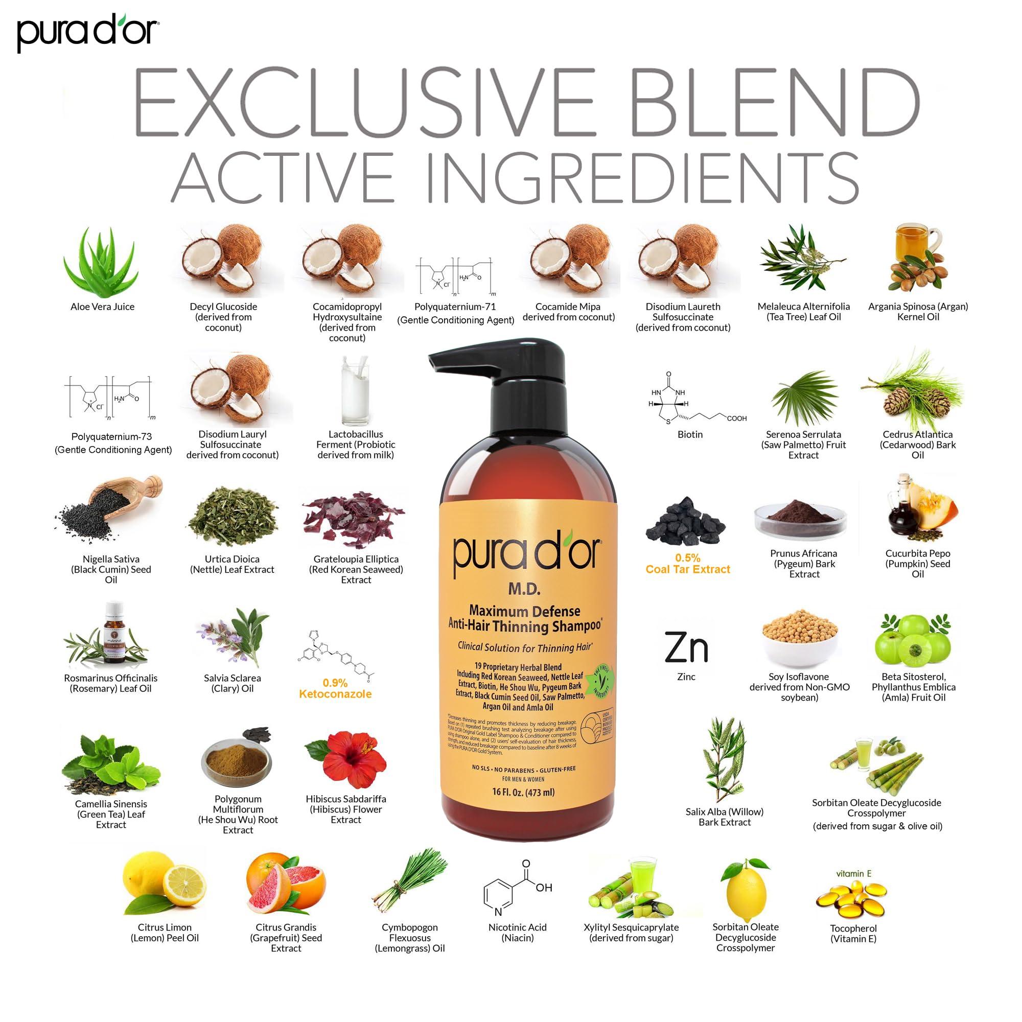 PURA D'OR PURA D\'OR MD Anti-Thinning Biotin Shampoo & Conditioner Set (16oz x2) Maximum Defense Coal-Tar Strong Scented DHT Blocker Hair Thickening Products For Women & Men, Daily Shampoo For Scalp Health