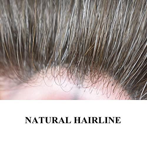 JUST HAIR PU Skin Toupee for Men European Human Hair Pieces for Men Hair Replacement System 10x8 Inch 0.06MM Ultra Thin Skin V-Looped Mens Toupee Hair Units (100% Density, 1B50# Natural Black With 50% Gray)