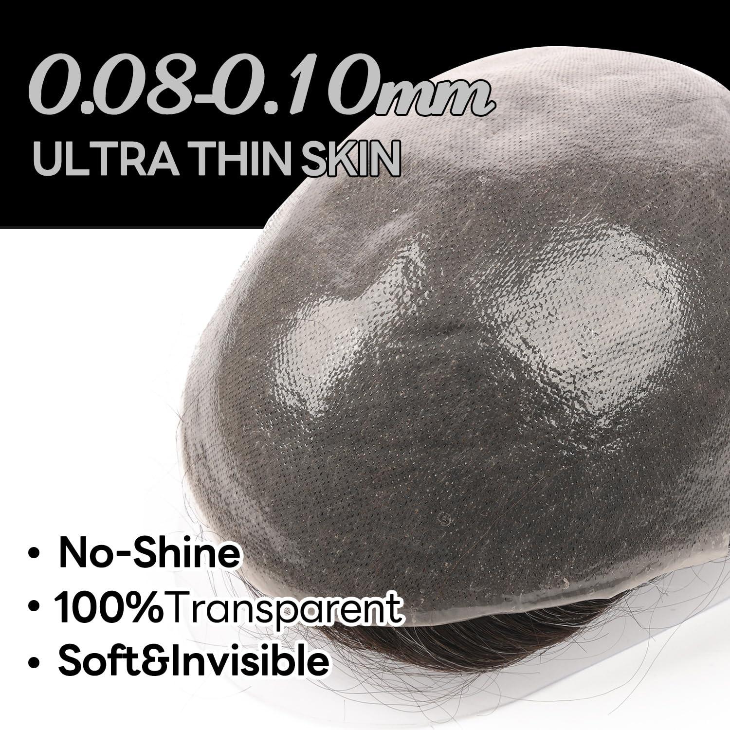 Blayzehair Men Toupee Hair System Ultra Thin Skin Hair Piece European Human Hair Replacement 0.02-0.10MM V-LOOP Toupee For Men. (1B50# Off Black with 50% Synthetic Grey, 8x10\"-0.08MM-0.10MM V-LOOP)