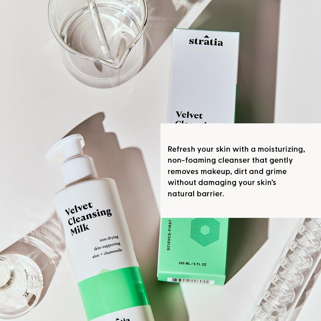 Stratia Stratia Velvet Cleansing Milk - Gentle Cream Face Cleanser, Moisturizing & Non-Foaming with Chamomile, Olive Oil & Aloe Vera, 4 Fl Oz