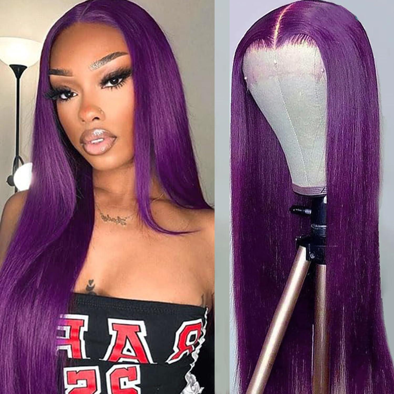 Lezaxiu Lezaxiu Purple Lace Front Wigs Long Straight Glueless Dark Purple Wigs Pre Plucked Ready to Wear Wigs Heat Resistant Synthetic Lace Front Wig for Black Women Natural Hairline