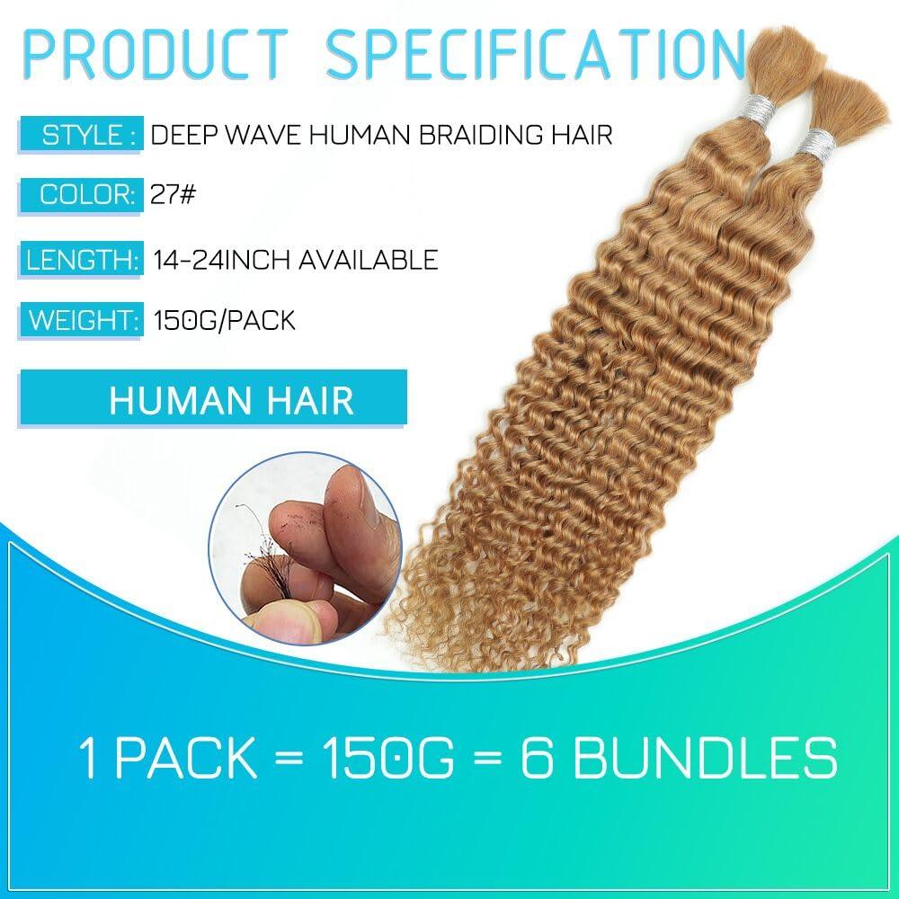 Renyarch Blonde Human Braiding Hair for Boho Braids 14 Inch 100g Human Hair Braiding Hair Deep Wave Bulk Human Hair for Braiding No Weft Brazilian Virgin Curly Human Hair Brading Hair Extensions 27#