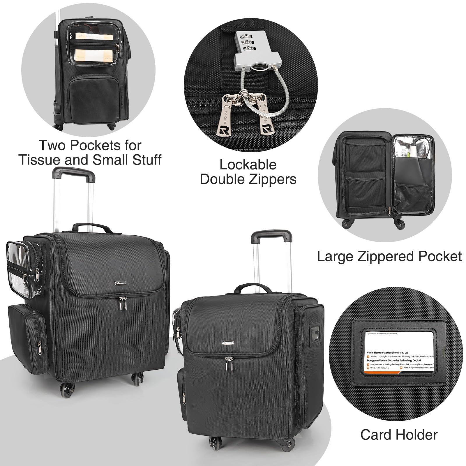 Relavel Relavel Rolling Makeup Case Cosmetology Case on Wheels Hair Stylist/Hairdresser Travelling BarberBag with Four 360 Degree Spinner Wheels, Heat Insulation Lining and Adjustable Dividers