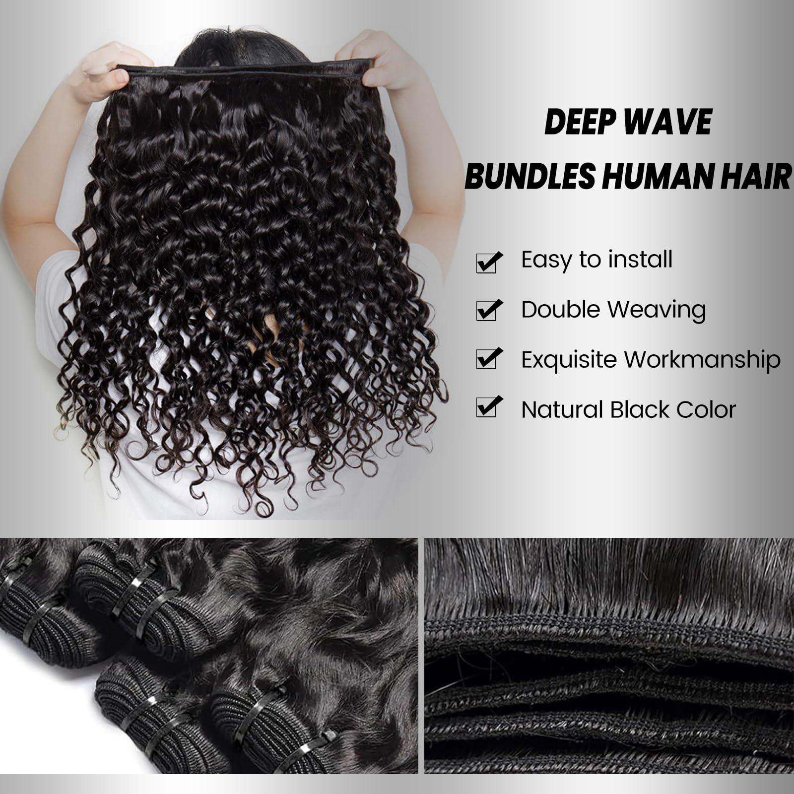NBRUW Human Hair Bundles 20 22 24 26 Inch Deep Wave Bundles Human Hair 12A 4 Bundles Human Hair 100% Unprocessed Virgin Deep Curly Human Hair Bundles Deals Real Human Hair Extensions Natural Black